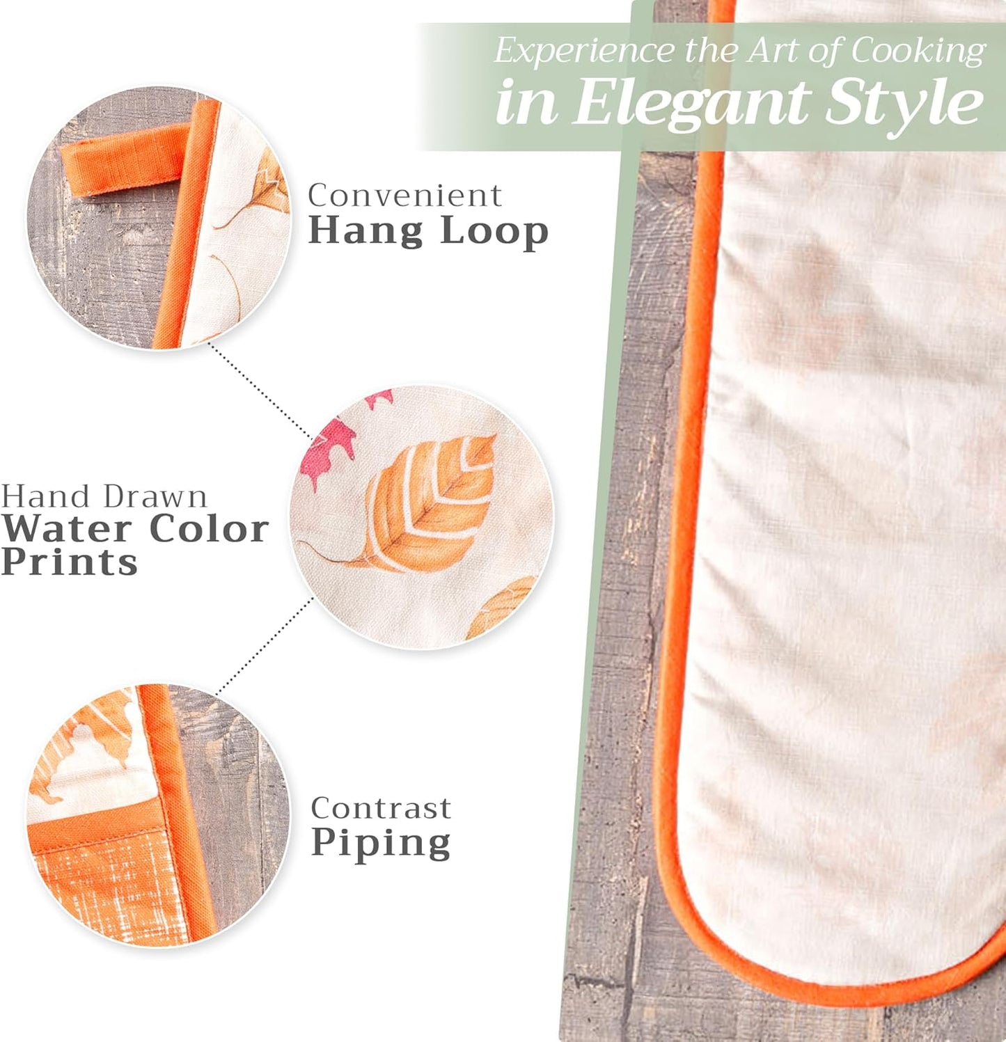 Maison d' Hermine Double Oven Mitt (7" x 35") 100% Cotton Heat Resistant BBQ Cooking Gloves with Loop for Thanksgiving Christmas Decorations Baking Cooking Handling Hot Pan (Colours of Autumn)