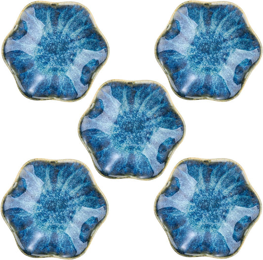 VanEnjoy Navy Blue Flower Plates Ceramic Floral Dishes Small Dipping Sauce Cups Soy Sauce Dish Prep Bowls - Set of 5