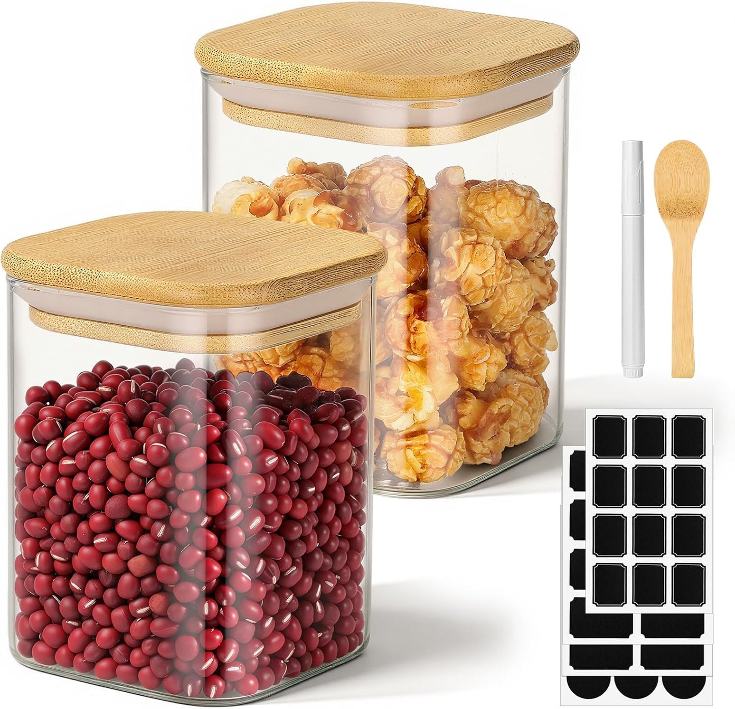 Glass Jar with Lid, 15 Fl.oz Square Glass Jars with Bamboo Lids Set of 2, Airtight Food Storage Containers for Sugar, Tea, Coffee, Candy, Cookies, Spice - Included Labels, Marker and Spoon