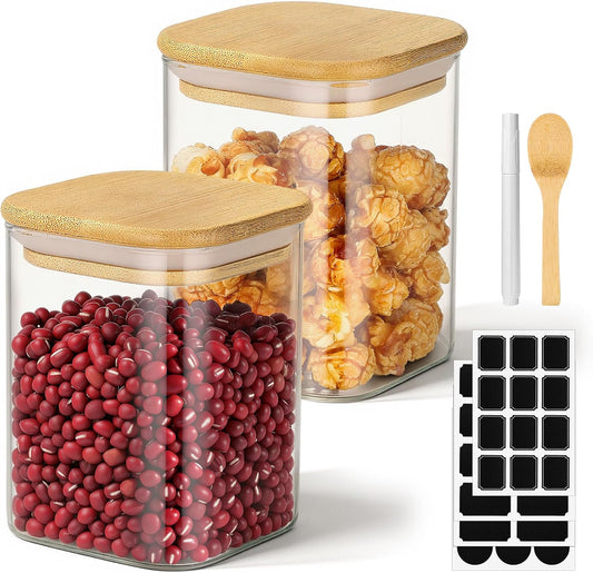 Glass Jar with Lid, 15 Fl.oz Square Glass Jars with Bamboo Lids Set of 2, Airtight Food Storage Containers for Sugar, Tea, Coffee, Candy, Cookies, Spice - Included Labels, Marker and Spoon