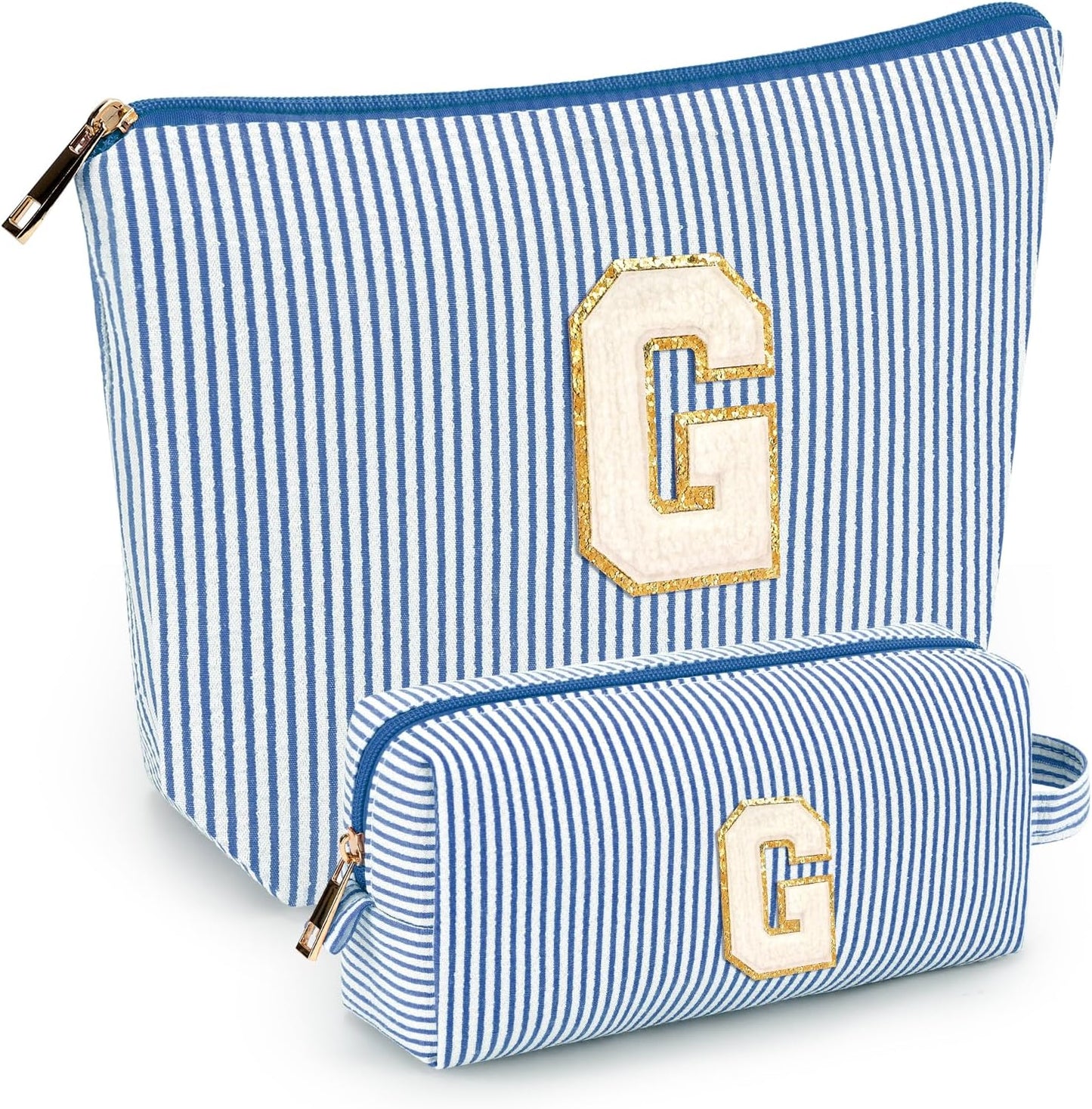 2 PCS Initial Makeup Bags for Women: Cosmetic Bag for Travel Toiletry - Birthday Gifts for 11 12 13 14 15 16 17 18 Years Old Girl Graduation Teacher Gift- Teen Girl Gifts Trendy Stuff - Blue G