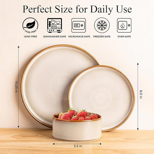 LeRatio Ceramic Dinnerware Sets for 4,Round Reactive Glaze Ceramic Plates and Bowls Set,Highly Chip and Crack Resistant | Dishwasher & Microwave Safe Dishes Set,Service for 4 (12pc)-Kahki