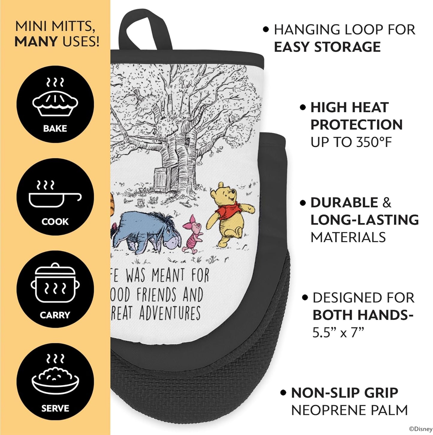 Disney Apron & Oven Mitts Set – 3 Piece Bundle with 1 Cotton Kitchen Apron for Cooking & 2 Heat Resistant Pot Holders