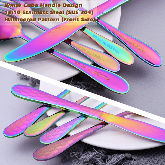 Hammered Silverware Set 20 Pieces, 18/10 Stainless Steel Colorful Silverware Set, Tableware Flatware Set for 4, Utensils Set Include Knife/Fork/Spoon, Mirror Polished, Dishwasher Safe (Rainbow)