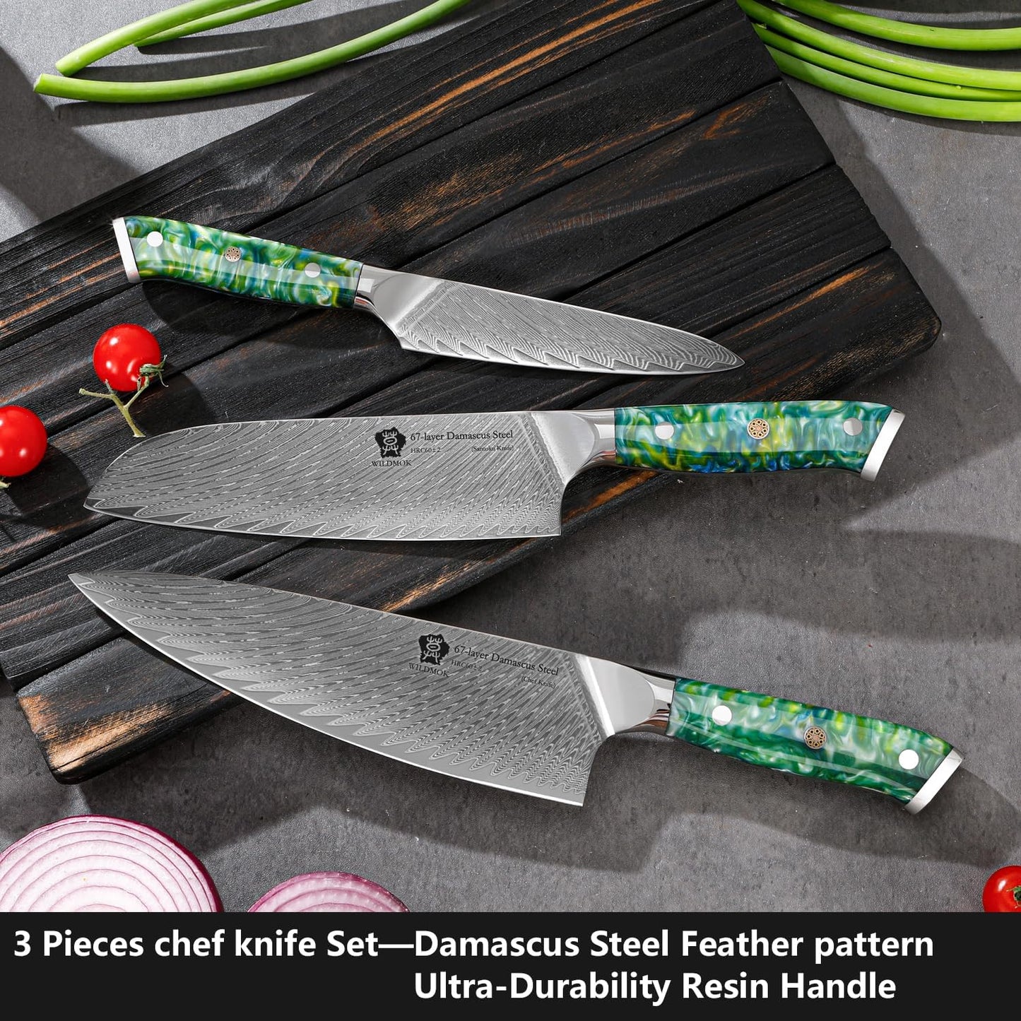 WILDMOK Professional Kitchen Knife Sets 3 PCS,Damascus Steel Chef Knife Set, 3PCS Ultra Sharp Japanese Kitchen Knives, Ergonomic Resin Handle Elegant Gift Box for Home or Restaurant