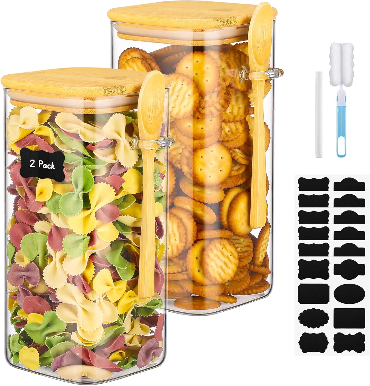 Glass Jars with Bamboo Lids and Spoons - 2 Pack 53 Fl.oz Square Pasta Storage Containers Set, Includes Labels, Marker and Brush, Large Glass Canisters for Kitchen Pantry, Cereal, Rice, Flour