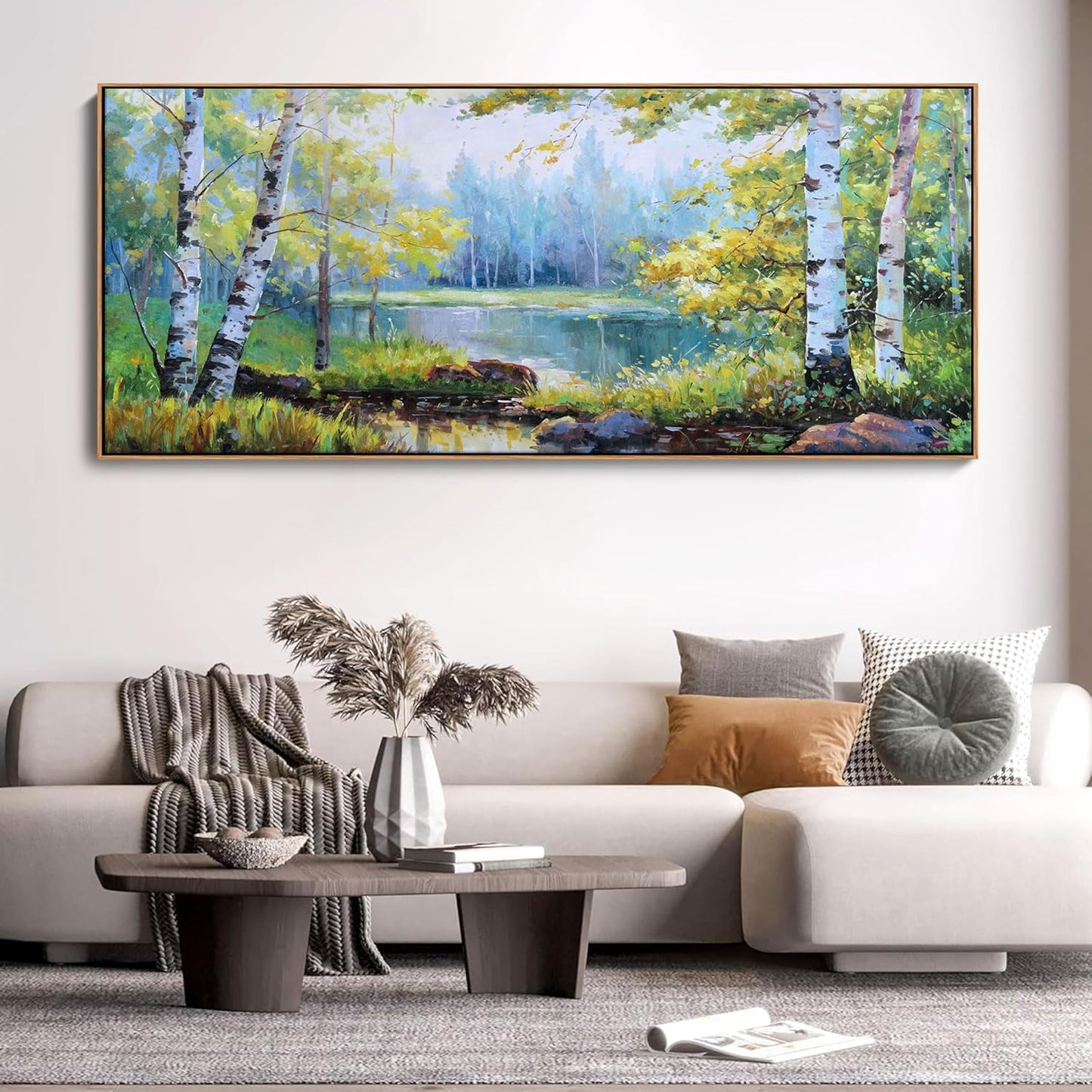 YCPRIMER Extra Large Forest Wall Art Green Trees Picture for Living Room Birch Tree Painting for Living Room Bedroom Decoration Landscape Canvas Wall Decor Framed Artwork Size 70×31inchs