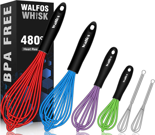 Walfos Silicone Whisk, Sturdy Stainless Steel Wire Kitchen Whisks, Heat Resistant up to 480℉ Whisk For Cooking Non Scratch, Multicolor 5+7+9+11in Whisks & 5+7in Mini Wisk, Great for home baking.