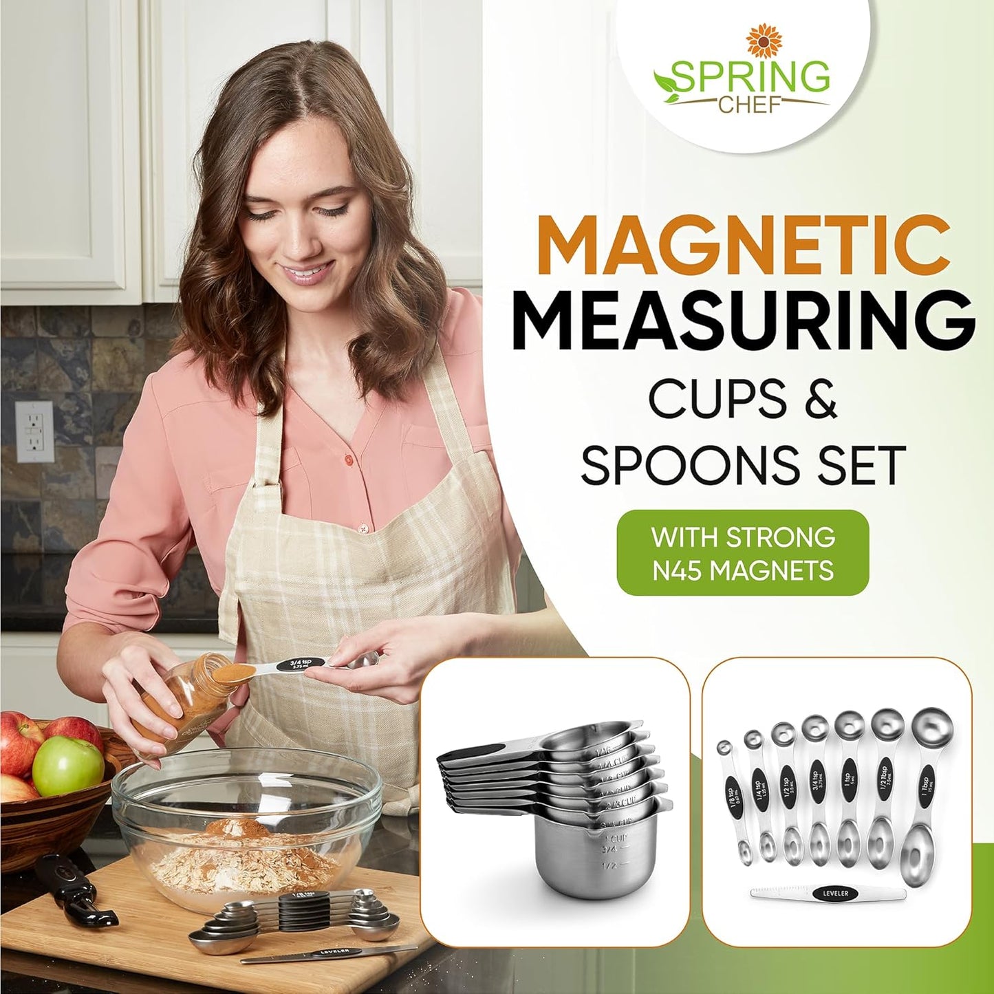 Spring Chef Magnetic Measuring Cups & Spoons Set, Patented, Strong N45 Magnets, Heavy Duty Stainless Steel Fits in Spice Jars for Baking & Cooking, BPA Free, Round Set of 15 with Leveler, Black