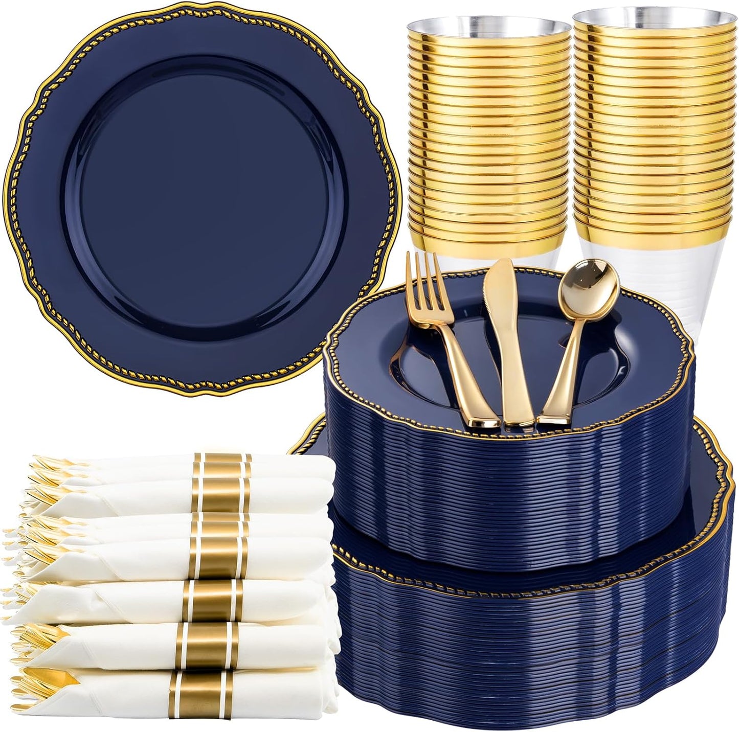 Hioasis 350pcs Blue and gold Plastic Plates - Blue Plastic Dinnerware Set Includes 50 Dinner Plates, 50 Dessert Dinnerware, 50 Cups, 50 Rolled Napkin Cutlery Perfect for Wedding & Party