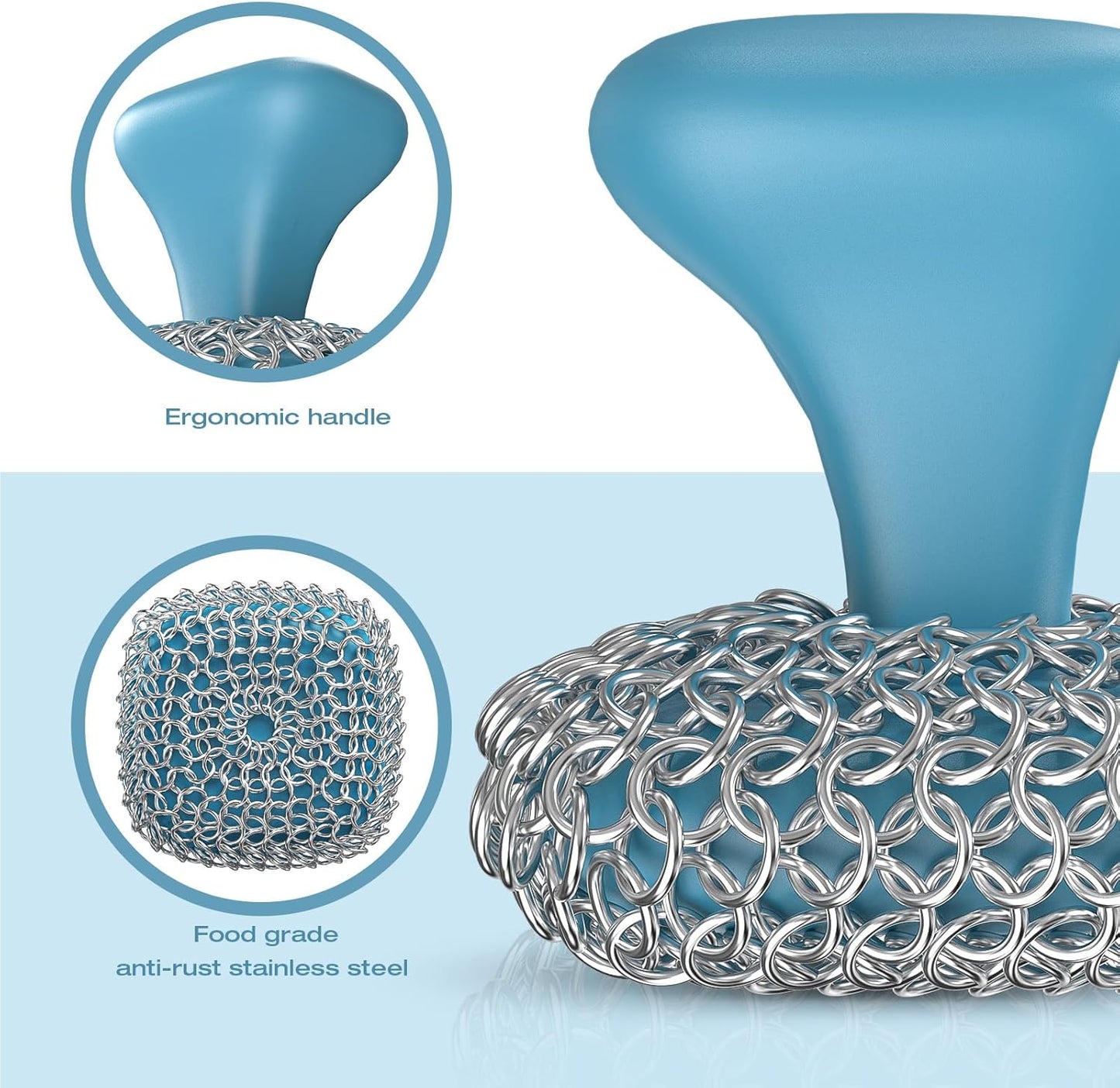 Cast Iron Scrubber | Dish Scrub Brush | 316 Cast Iron Cleaner Chainmail Scrubber for Pan Skillet Cleaner - Dish Scouring Pad Dishwasher Safe Cleaning Kit, Blue