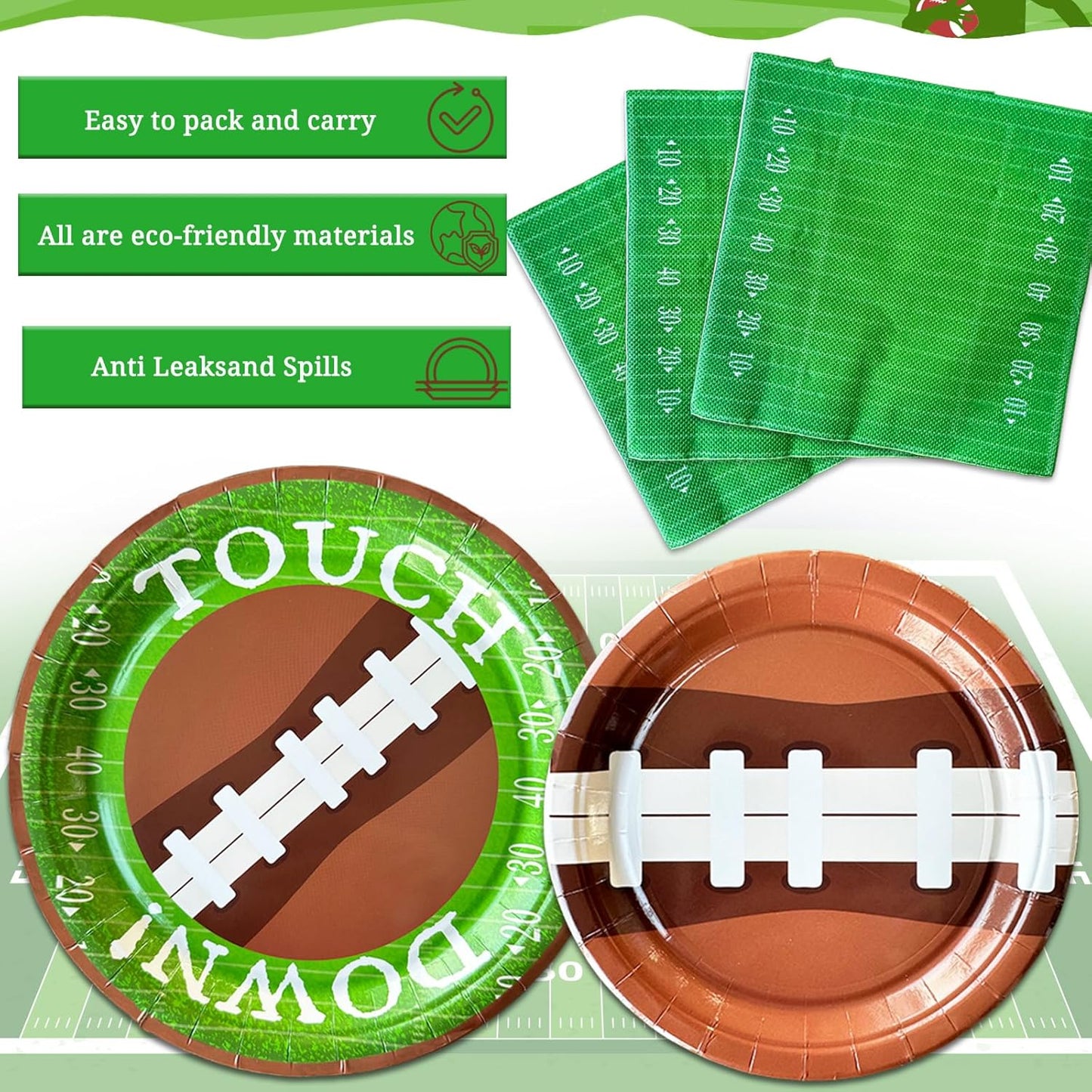 350 PCS Football Party Decorations, Plates and Napkins Sets Includes Plates Dessert Napkins Cups Plastic Knives Forks Spoons Disposable Dinnerware Set For Football Party (50 Guest)