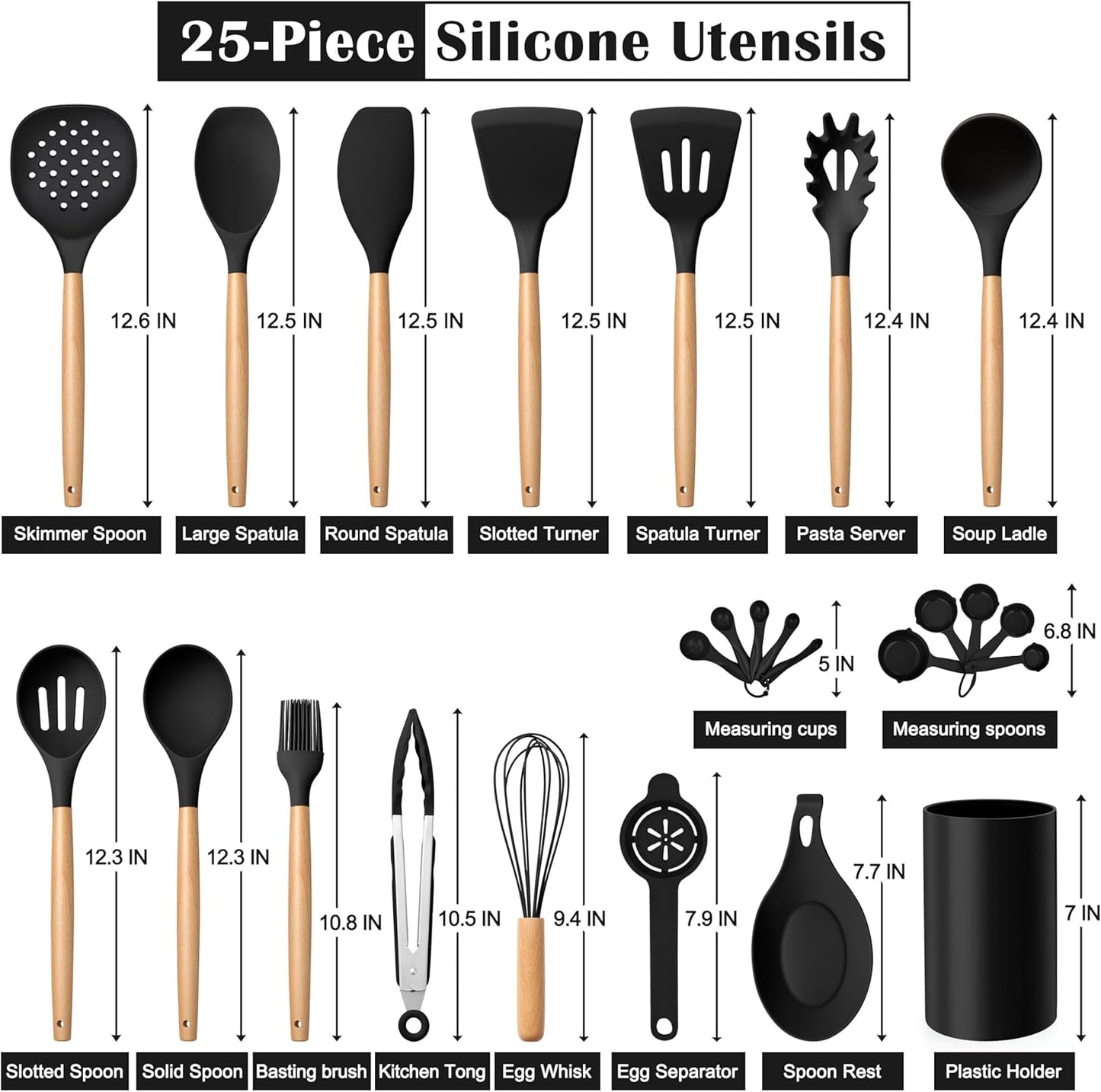 E-far Black Kitchen Utensils Set with Holder, 25-Piece Silicone Cooking Utensil Set with Wooden Handle for Nonstick Cookware, 446°F Heat Resistant Kitchen Tool Spatula Tongs Whisk, Non-toxic & Healthy