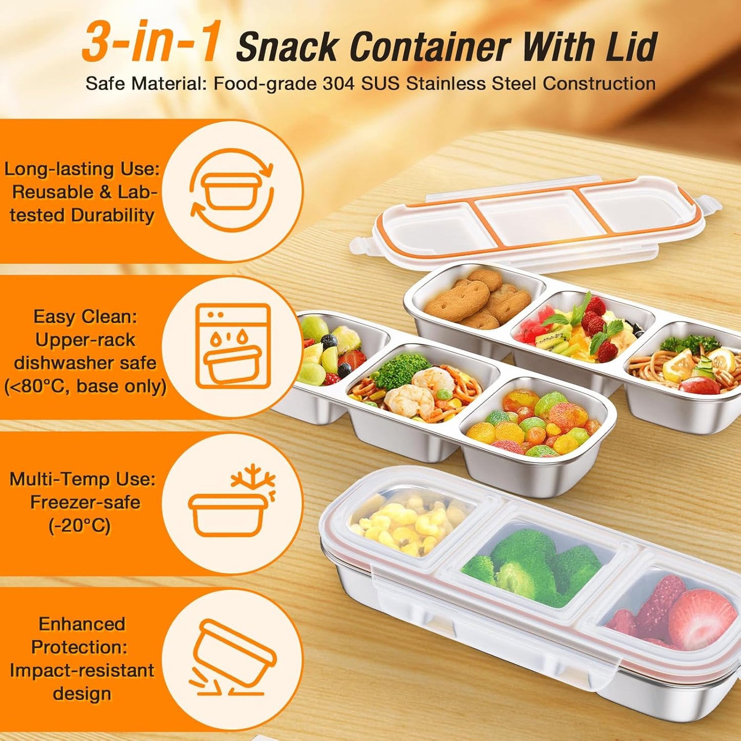 Stainless Steel Snackle Box Container - 3 Compartment Reusable Snack Containers with Lids for Kids, Leak-Resistant Divided Snack Food Storage Containers for School, Office, Travel (Clear)