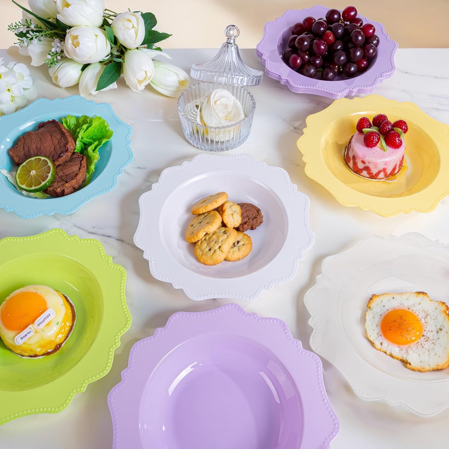 COLOSUS Plastic Multi-color Bowls (30 Pack) 12 Oz Disposable for Party Dessert/Salad Bowl, Fancy Shatterproof Dinnerware for Catering, Holidays, Children Party, and Everyday Use