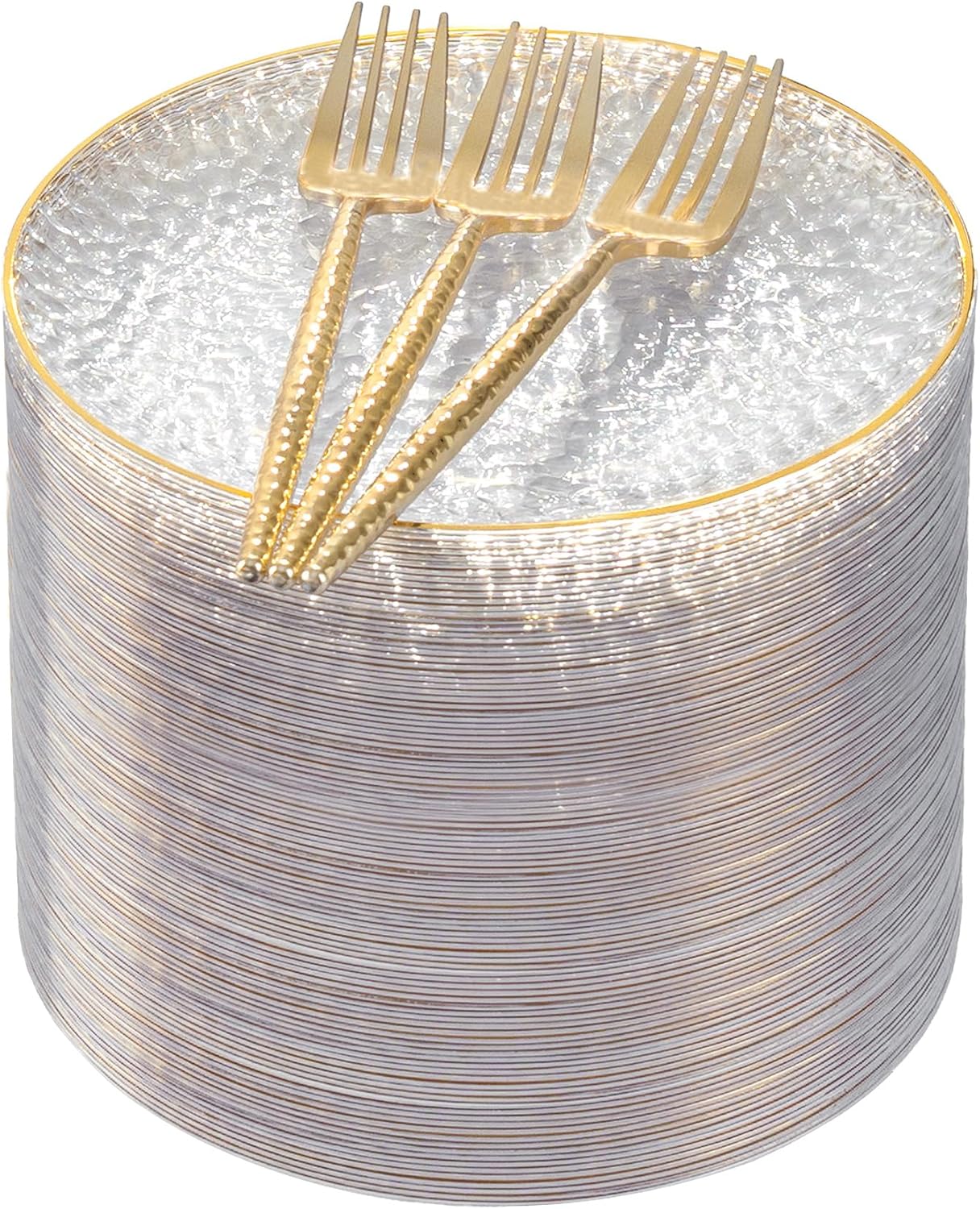 Rubtlamp 200 Pcs Clear Gold Dessert Plates 7" with Forks 7.6",Clear Plastic Hammered Platos, Dessert Plates Disposable, Heavy Duty Party Platos Include 100platos and 100forks for Party&Birthday