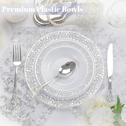 I00000 100 Silver Plastic Bowls, 12 oz Disposable Bowls, Disposable Lace Christmas Thanksgiving Trim, Premium Heavy Duty Plastic Bowl for Party