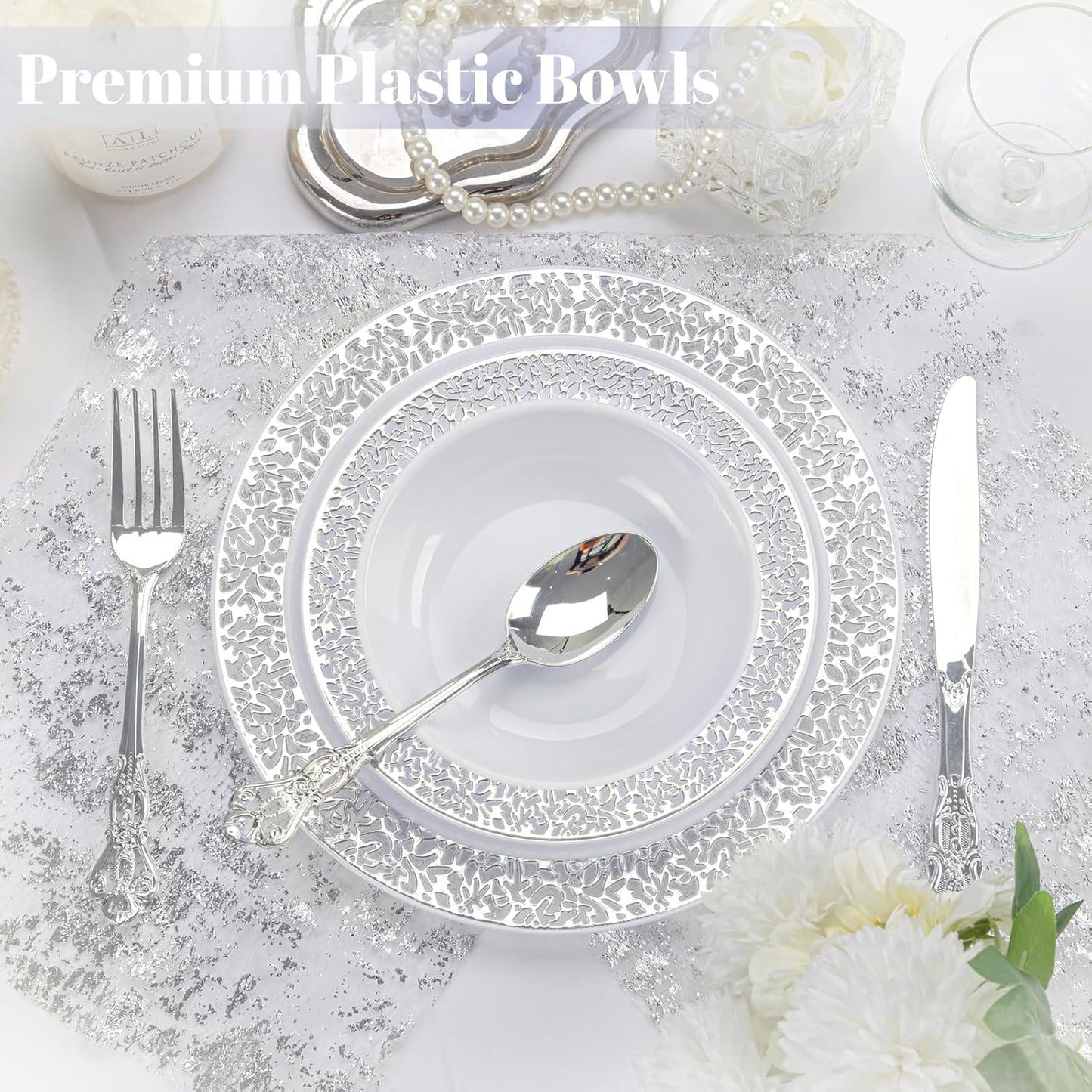 I00000 60 Plastic Soup Bowls 12 oz, Silver Disposable Dessert Salad Bowls,Silver Platsic Party Dishes for Party and Wedding