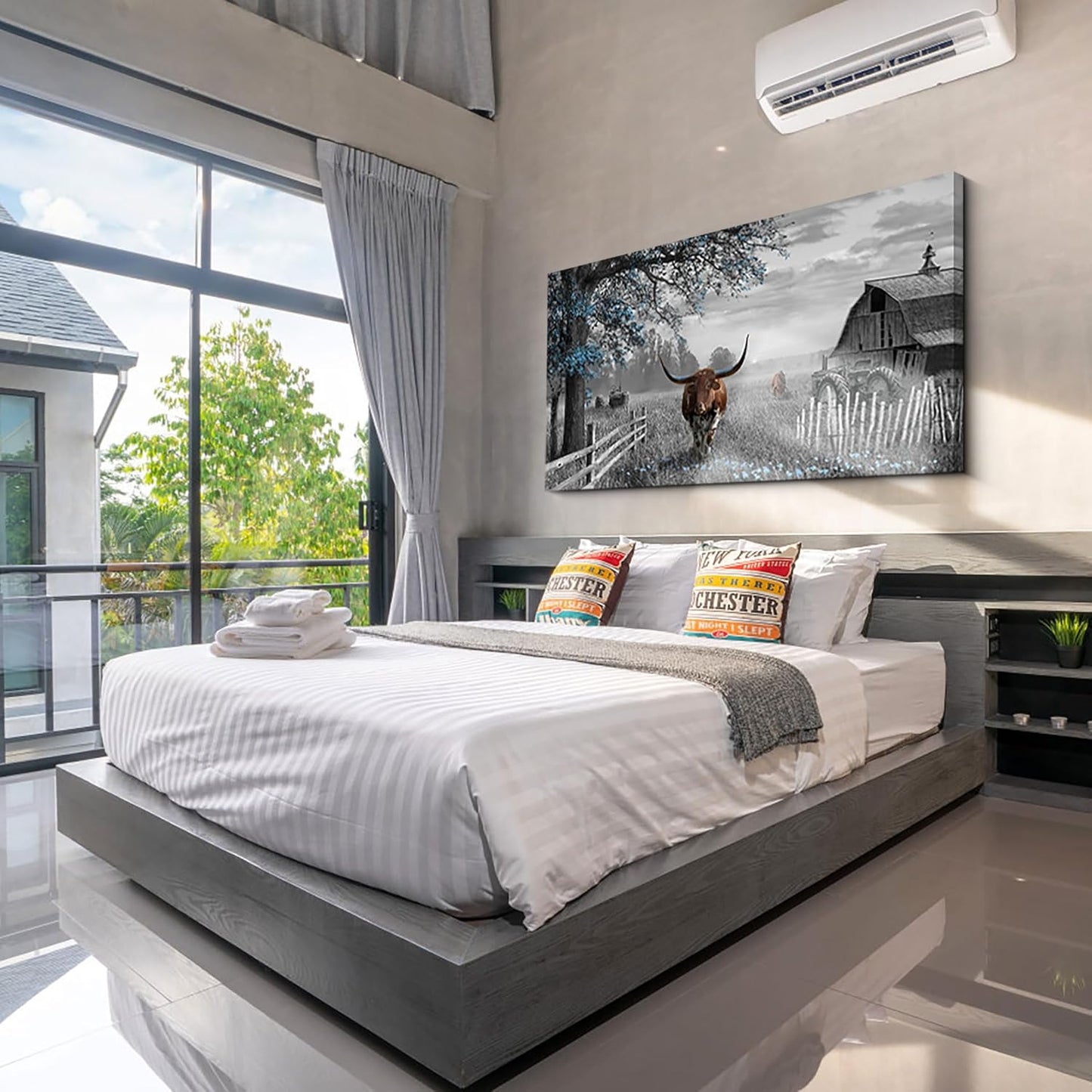 yiijeah Western Home Decor - Cow Picture Rustic Wall Art - 48x24 Inches Longhorn Wall Decor Living Room Bedroom Canvas Framed Artwork Farmhouse Wall Decor