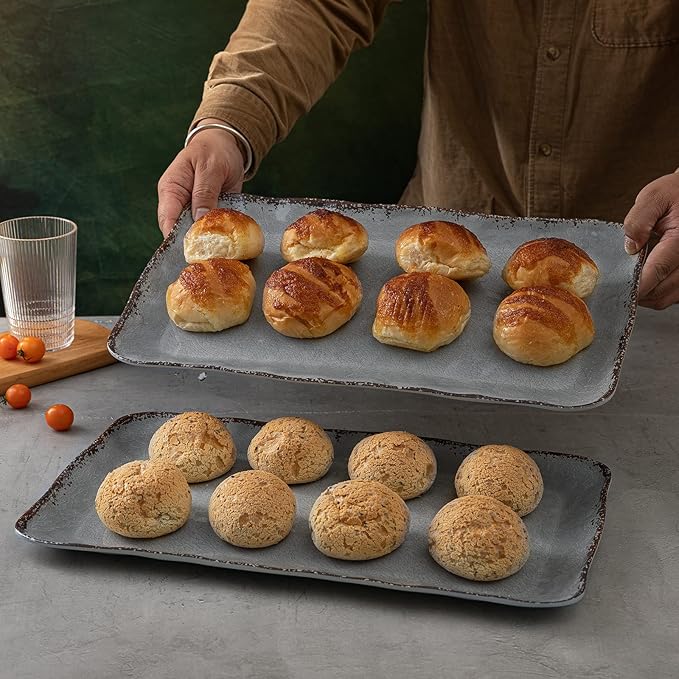 LEHAHA Melamine Crackled Rustic Serving Platter Set of 2, Farmhouse Large Rectangle Trays for Food, Entertaining and Party Use, 17.5"x 10", Grey