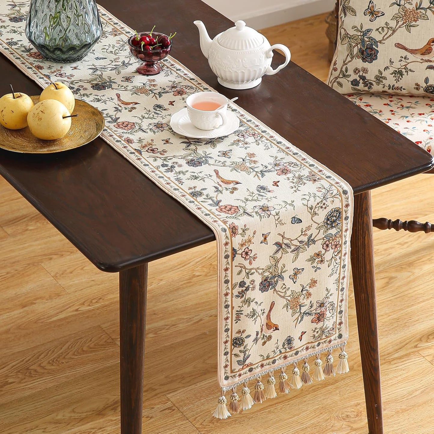 ISAENNE Designer Linen Table Runner 102 Inches Long,Elegant Floral Bird Pattern Table Runners for Dining Room,Farmhouse Rustic Kitchen Decor,Thanksgiving,Christmas,12"*102"-Cornucopia