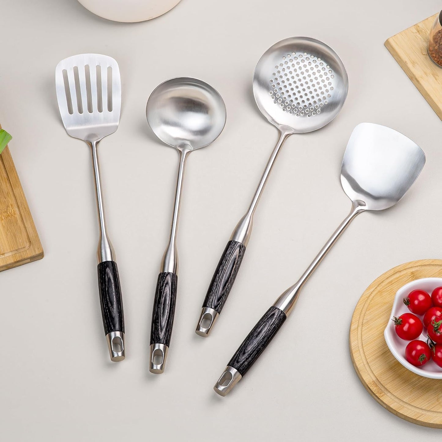 FJNATINH Wok Spatula Set of 4, Spatula Slotted Turner, Soup Ladle, Slotted Spoon for Cooking Utensils with Wooden Handle, Kitchen Stainless Steel Spatulas Cooking Spoons