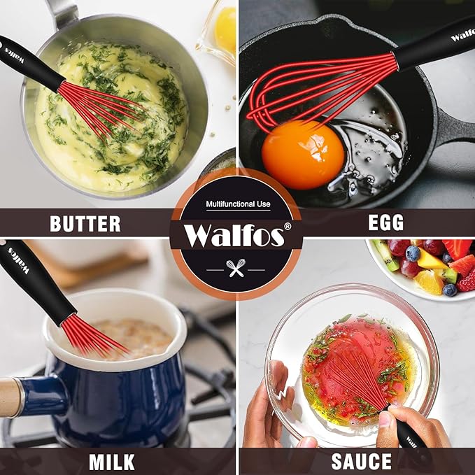 Walfos Mini Whisk Red Small whisk-Non Scatch Rubber Coated Whisk,small silicone whisk 5 & 7 inch Tiny Whisk,Nice for mixing and stirring small batches of powder and sauce in small bowl containers.2pcs