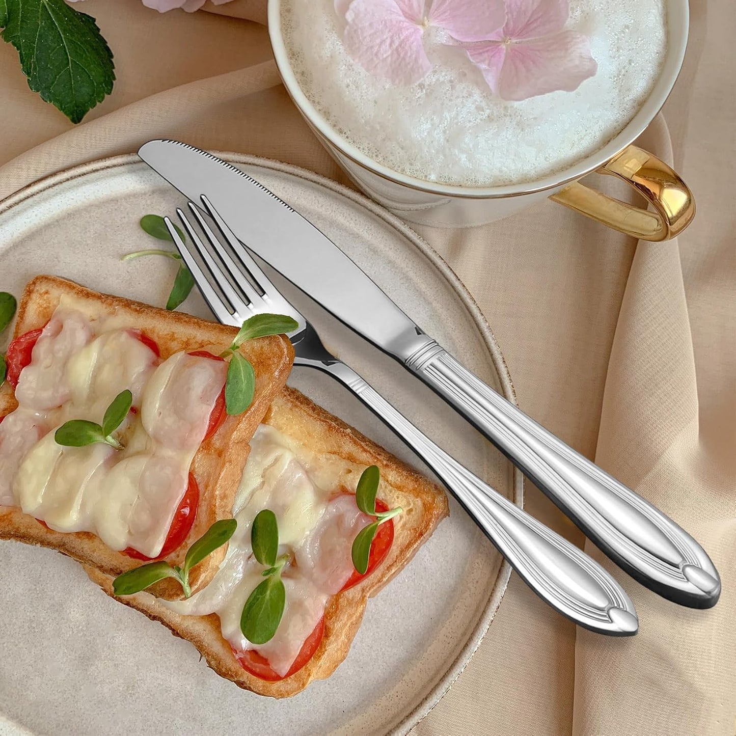 Silverware Set for 8, 40-Piece Flatware Set Include Spoons And Forks Set, Stainless Steel Cutlery Set with Line Pattern, Mirror Polished, Dishwasher Safe.