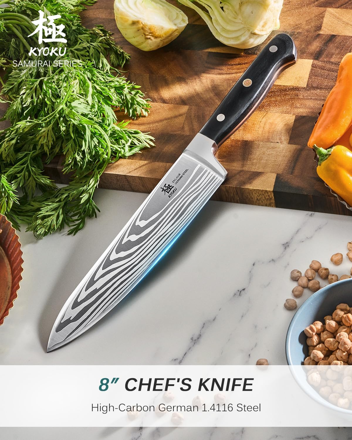 KYOKU 8" Chef Knife, Samurai Series Japanese Chef's Knife with Sharpening Stone, High Carbon Steel Kitchen Knife with Pakkawood Handle Mosaic Pin Gift Box for Meat Vegetable Fruit Chopping Slicing
