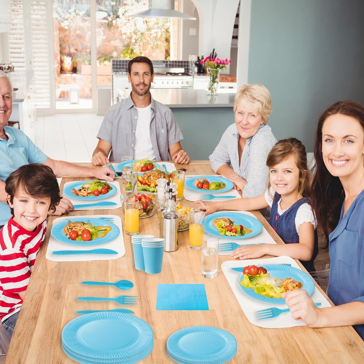 210pcs Thanksgiving Light Blue Paper Plates Disposable Tableware Party Supplies- Includes 9" Dinner Plates, 7" Dessert Plates, 9oz Paper Cups, Napkins, Plastic Forks