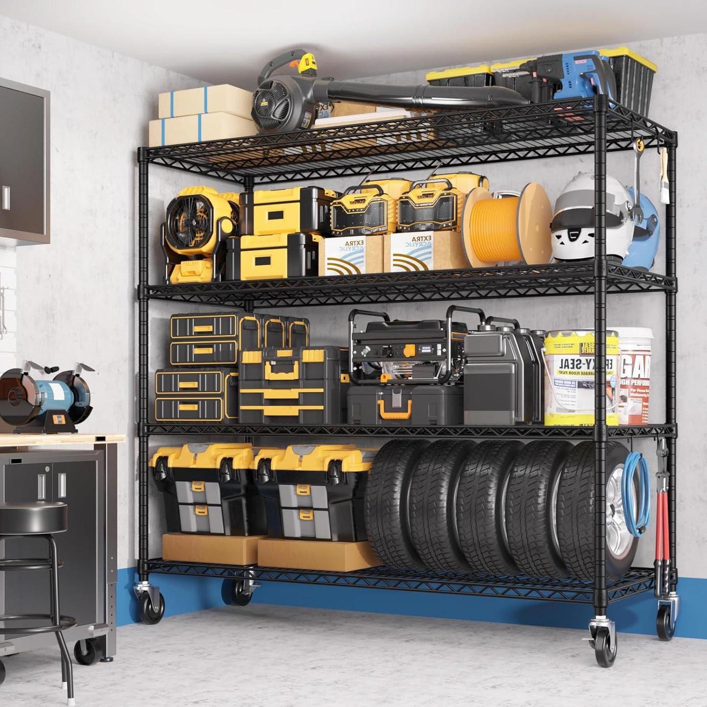 PrimeZone 2 Packs 55.5" W x 24" D x 80" H Heavy Duty Wire Storage Shelves with Wheels, 4 Tier Adjustable NSF Certified Garage Shelving Unit, Rolling Metal Organizer Shelf Rack for Warehouse, Pantry