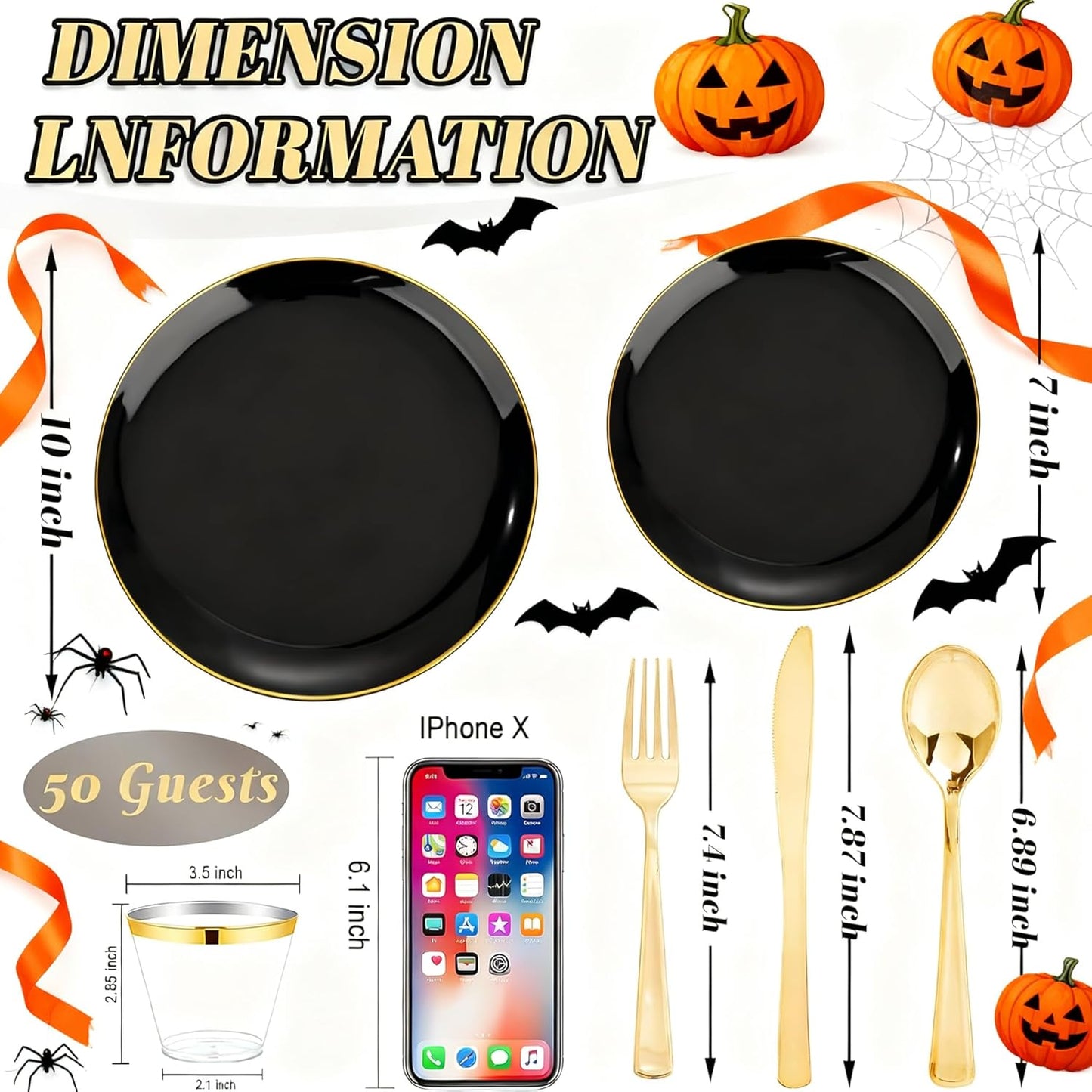WDF 300PCS Black and Gold Plates - Black Plastic Plates for Party - 50guest Disposable Dinnerware Sets for Party/Wedding/Halloween/New Year