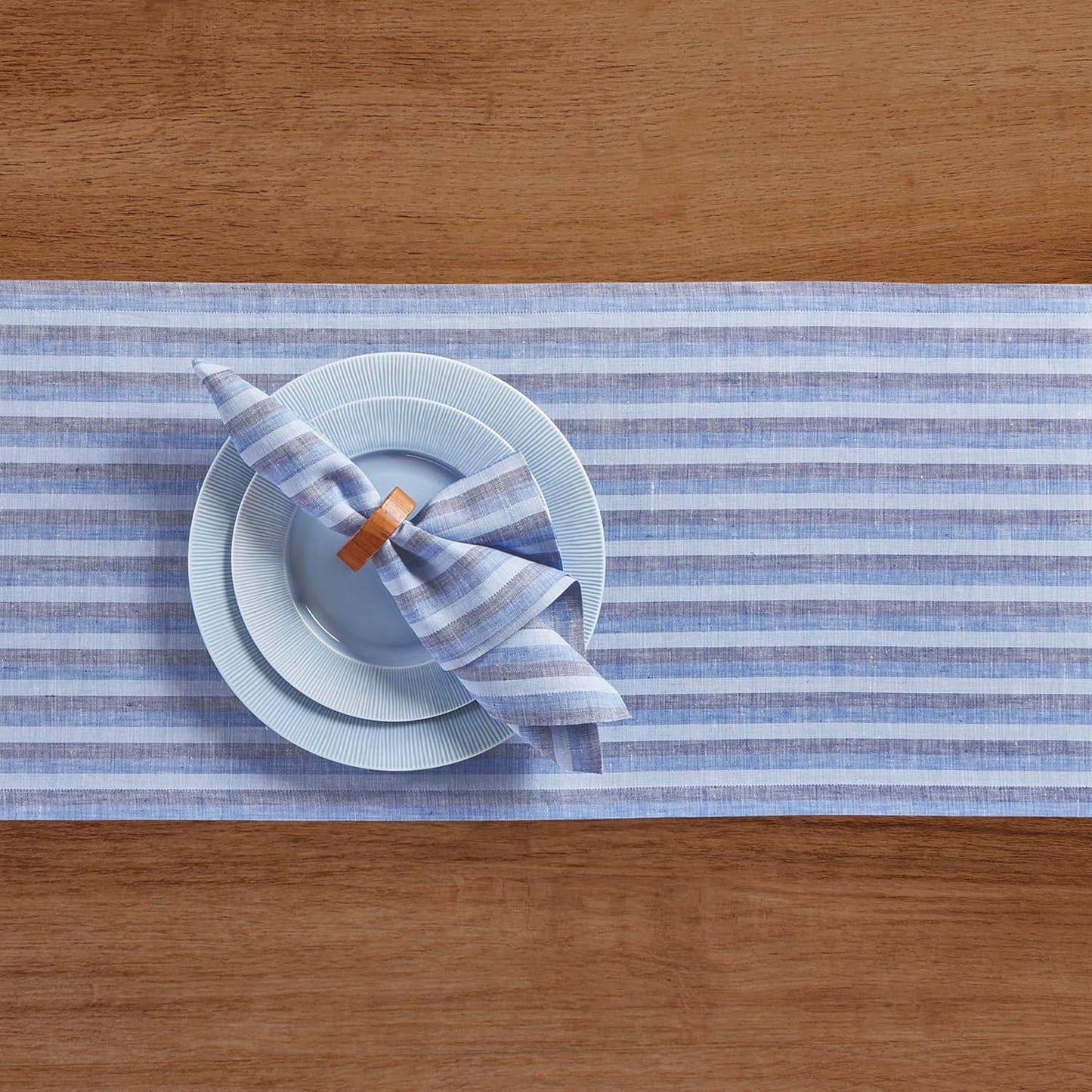 Solino Home Striped Linen Table Runner 60 Inches - Amalfi Stripe, 100% Pure Linen Bistro Blue Small Table Runner 14 x 60 Inch Ideal for Dresser and Coffee Tables