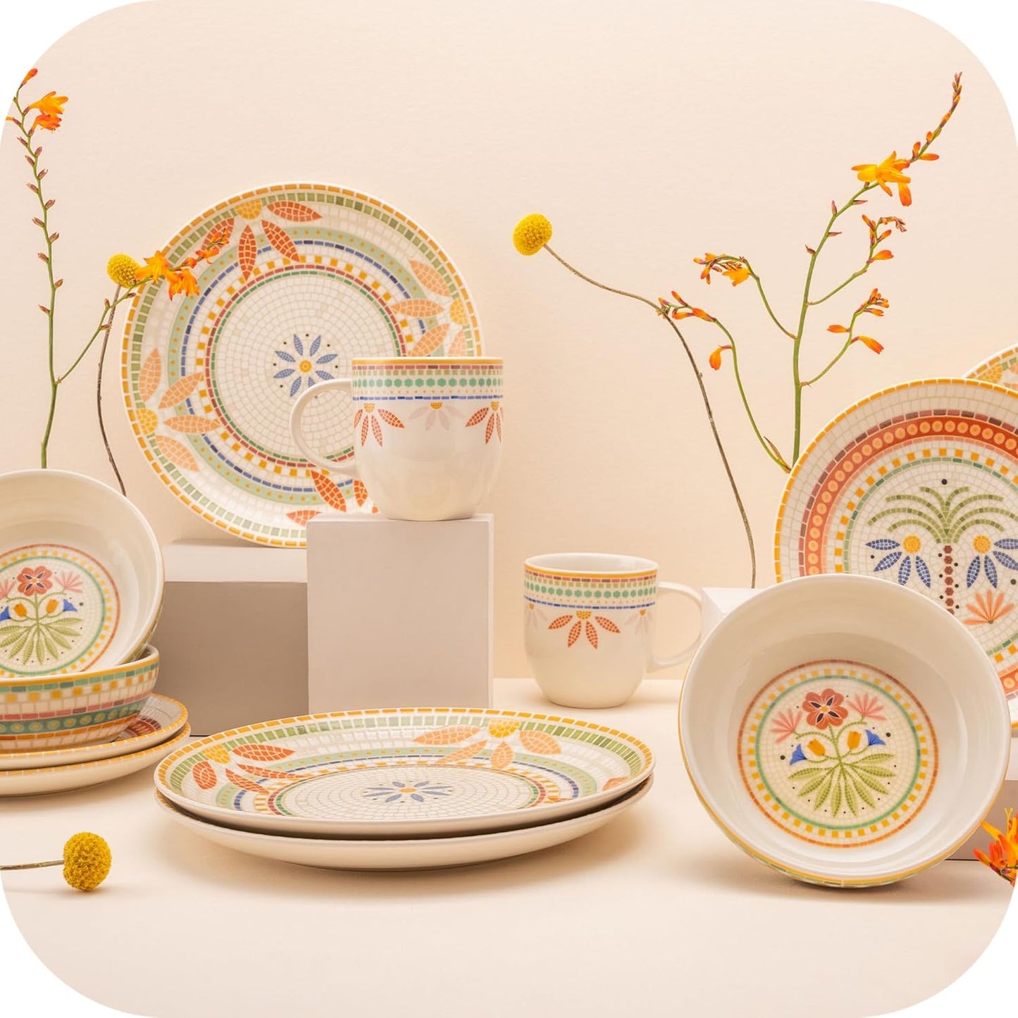 Corona Dinnerware Set 16–piece Mosaic Tropical Flower Pattern Ceramic Dinnerware Sets | Plates, Bowls and Mugs | Service For 4 | Fiore