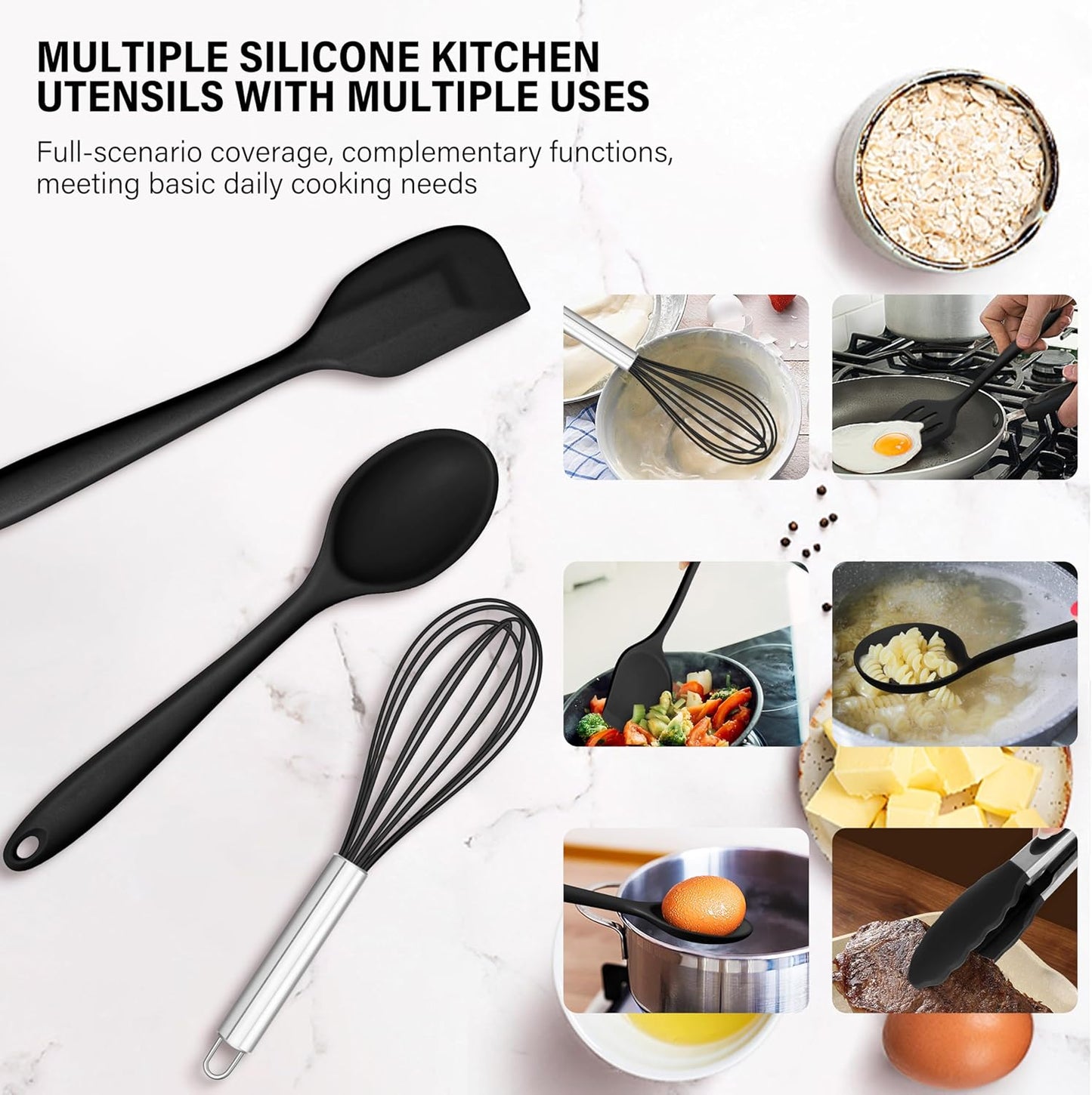 HaWare 11 PCS Silicone Cooking Utensils Set, Heat Resistant Kitchen Utensils with Holder, Food-grade Spatula Sets for Nonstick Cookware, Kitchen Tools Gadgets Include Fish Turner, Spoon (Black)