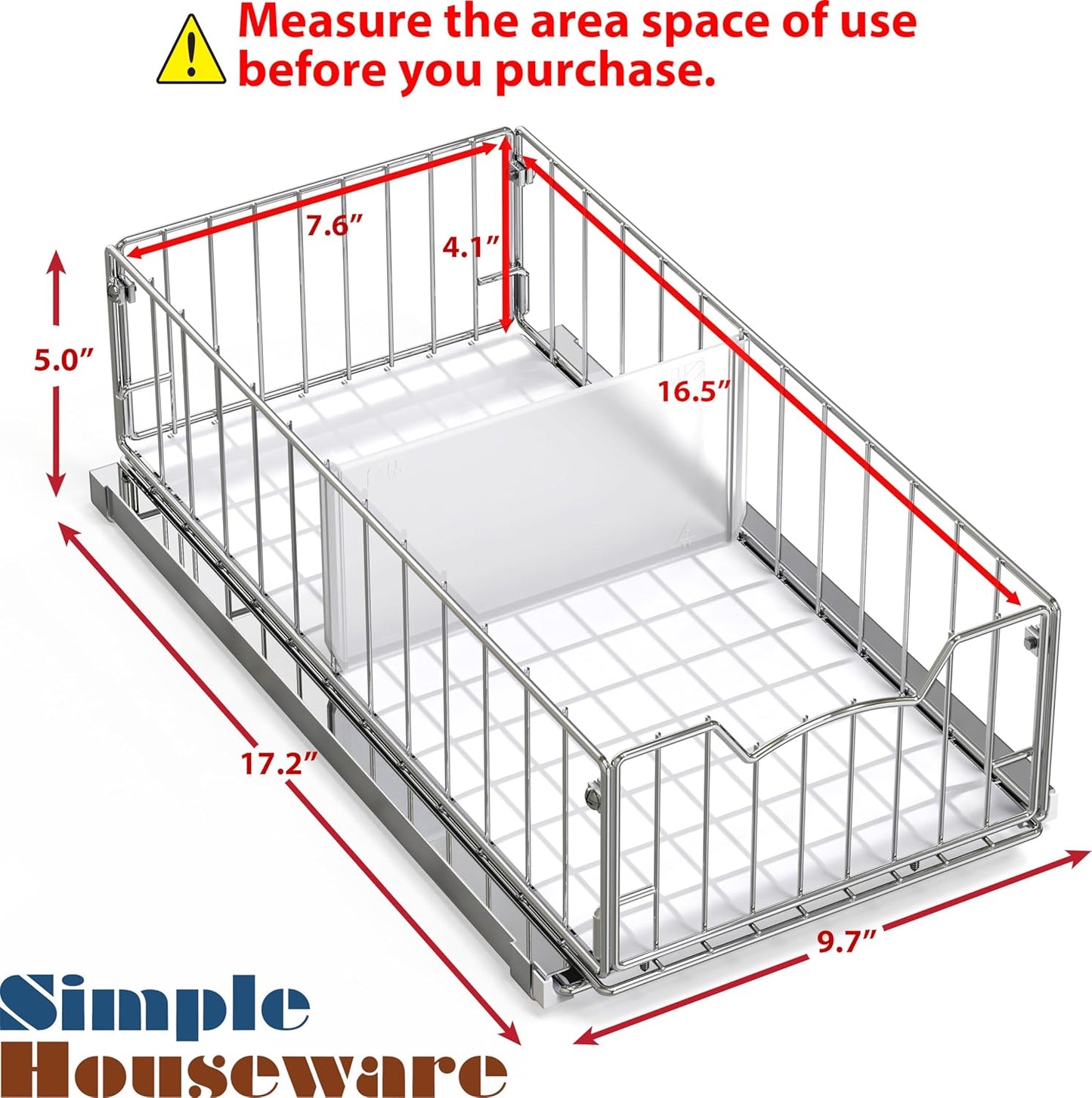 Simple Houseware Pull-Out Cabinet Sliding Basket Organizer, 17.2" D x 9.7" W x 5" H – Chrome Finished, Ideal for Kitchen and Bathroom Cabinet Storage, Under Sink or Pantry Organization