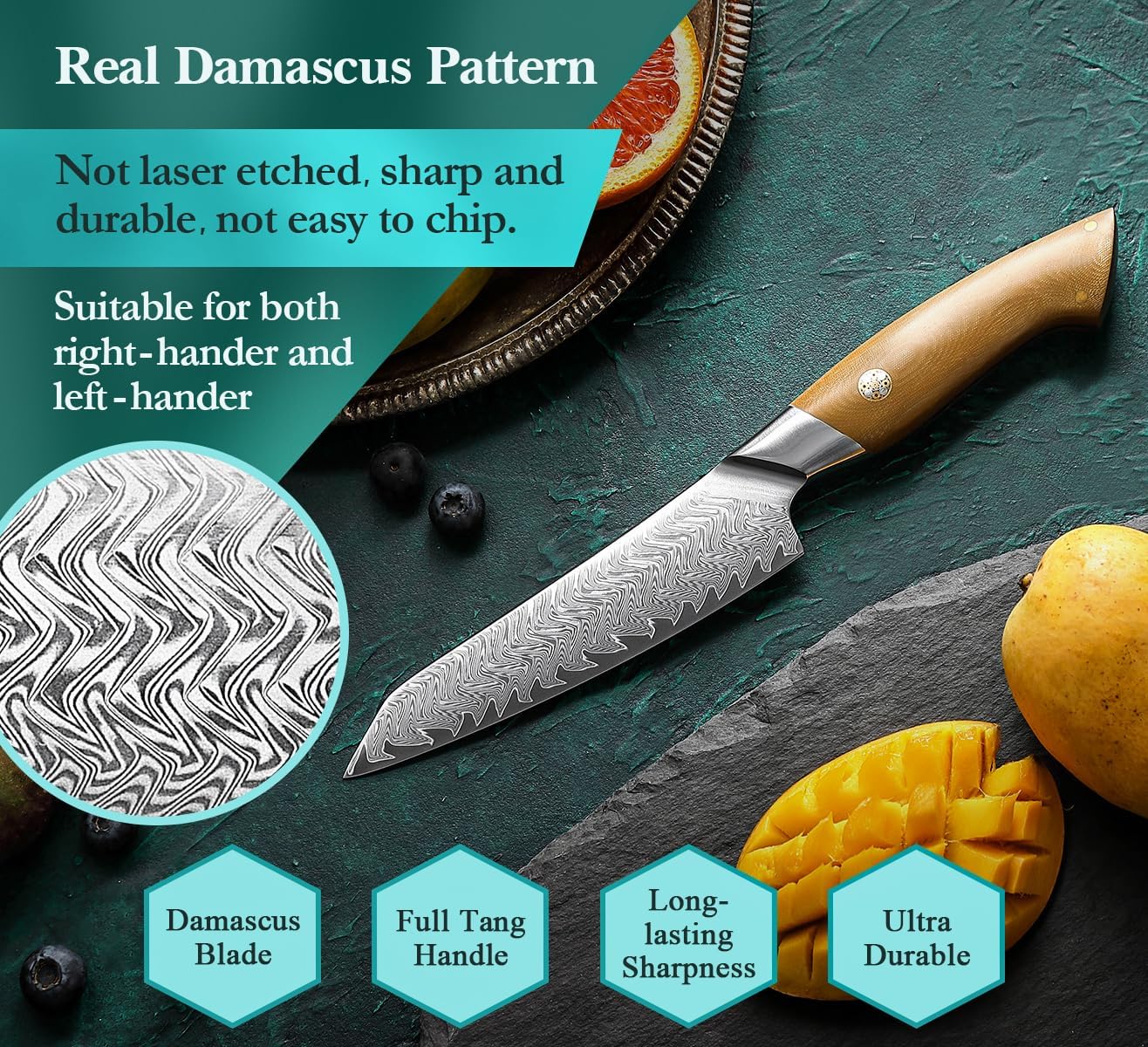 HEZHEN Kitchen Utility Knife, 5.5 Inches, 67 Layers Damascus Steel, Multifucational Paring Knife for Chefs and Home Cooking, Ultra-sharp Blade with Linen Micarta Handle, Gift Packing