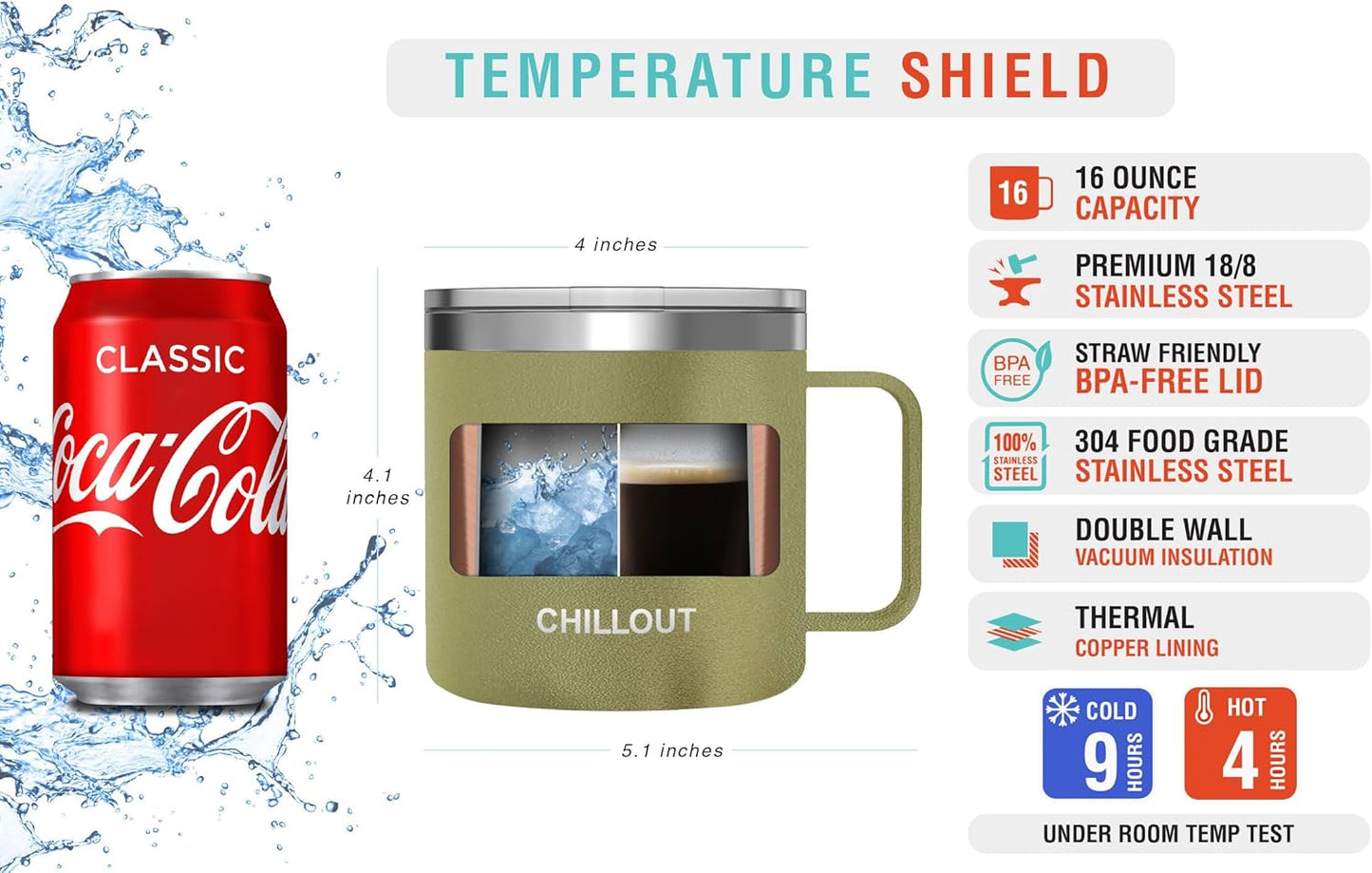 CHILLOUT LIFE Stainless Steel 16 oz (Set of 2) Vacuum Insulated Coffee Mug with Handle and Lid, Large Thermal Camping Coffee Mugs with Sliding Lid for Men & Women