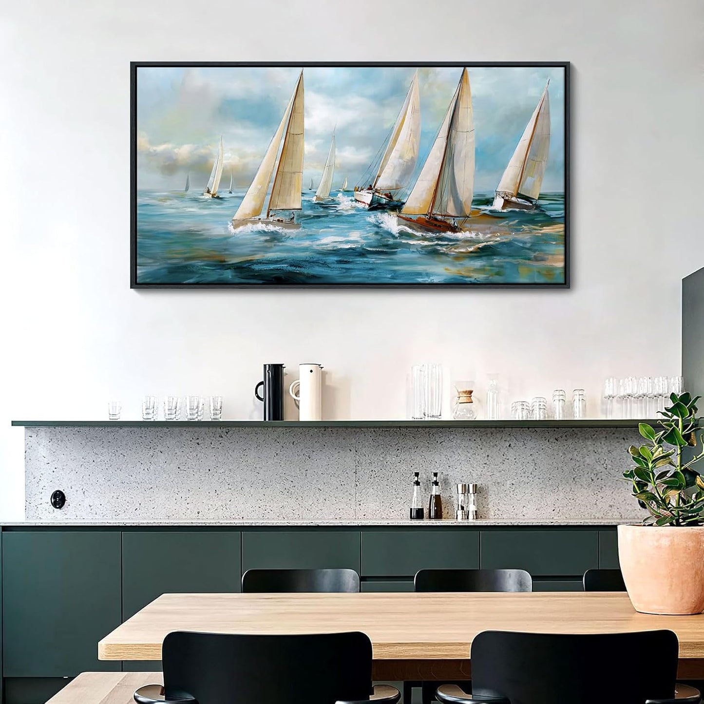 YDYSUNE Sailboat Wall Art - Blue Canvas Retro Painting Textured Picture Artwork Vintage Nautical Large Painting Coastal Modern Print Frame for Living Room Bedroom Home Decoration 24x48inch
