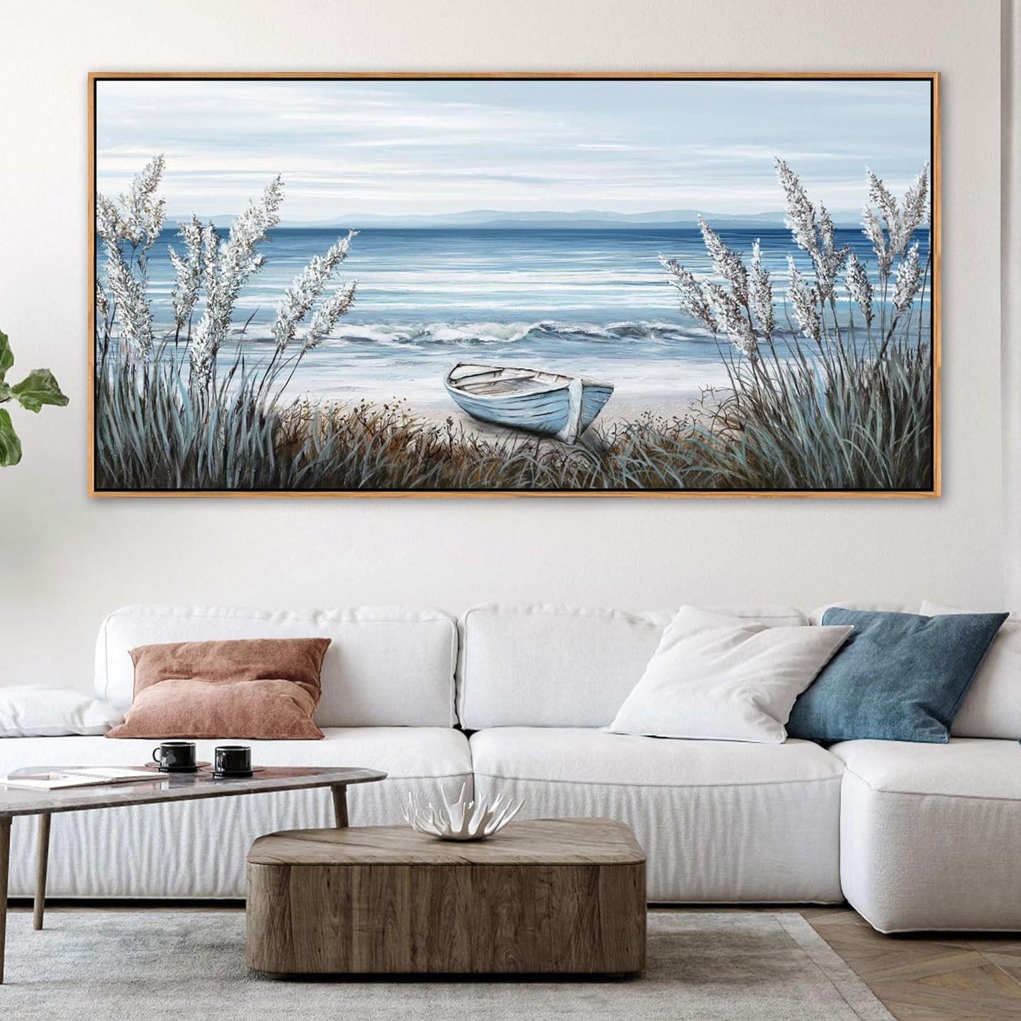 AJAZIKO Beach Vintage Wall Art Pictures for Living Room Coastal Artwork for Walls Ocean Bedroom Wall Decor Above Bed Landscape Beach Canvas Wall Art Featuring Boat, Farmhouse, Seascape 29×58IN