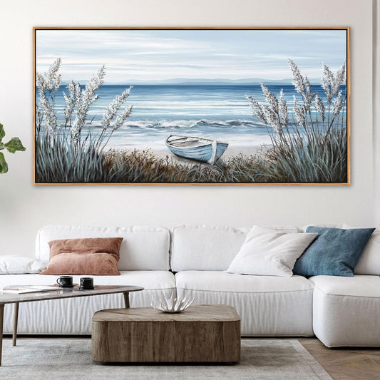 AJAZIKO Beach Vintage Wall Art Pictures for Living Room Coastal Artwork for Walls Ocean Bedroom Wall Decor Above Bed Landscape Beach Canvas Wall Art Featuring Boat, Farmhouse, Seascape 29×58IN