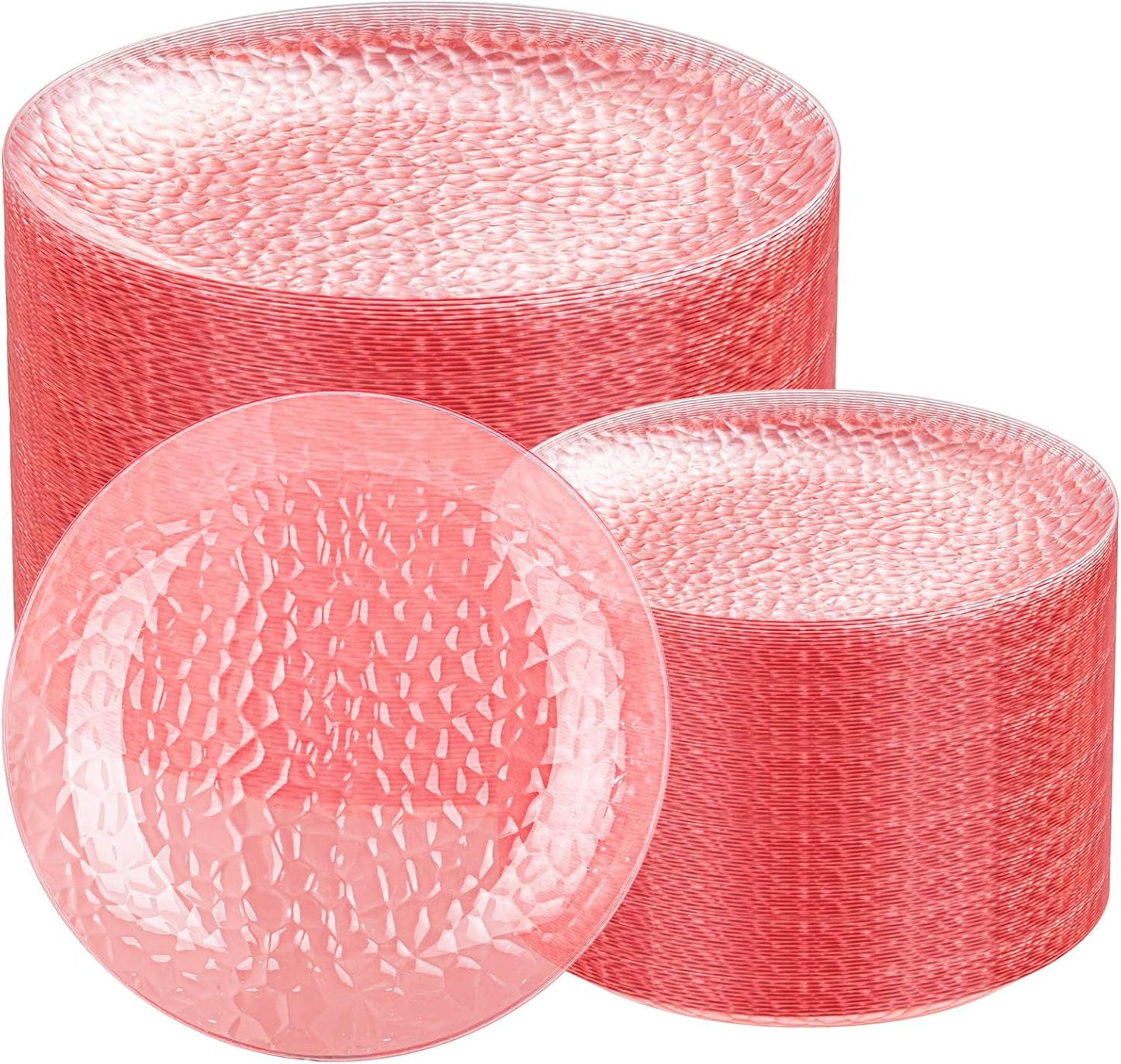 Rubtlamp 100 Pcs Clear Pink Plastic Plates Dinnerware Set, Hammered Plastic Pink Plates Set,Clear Disposable Party plates Include 50 Dinner Platos,50 Dessert Platos