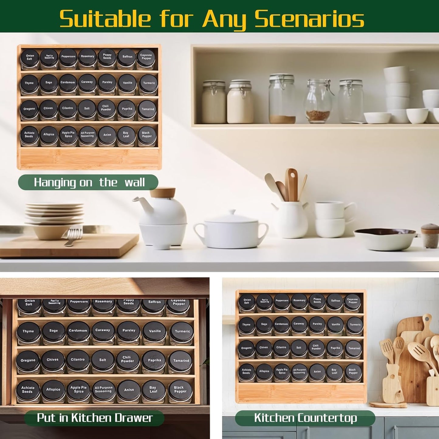 Bamboo Tiered Spice Rack Organizer for Cabinet,Wooden Seasoning Rack for Countertop, Cupboard, Pantry, Kitchen (Spice Jars Included)