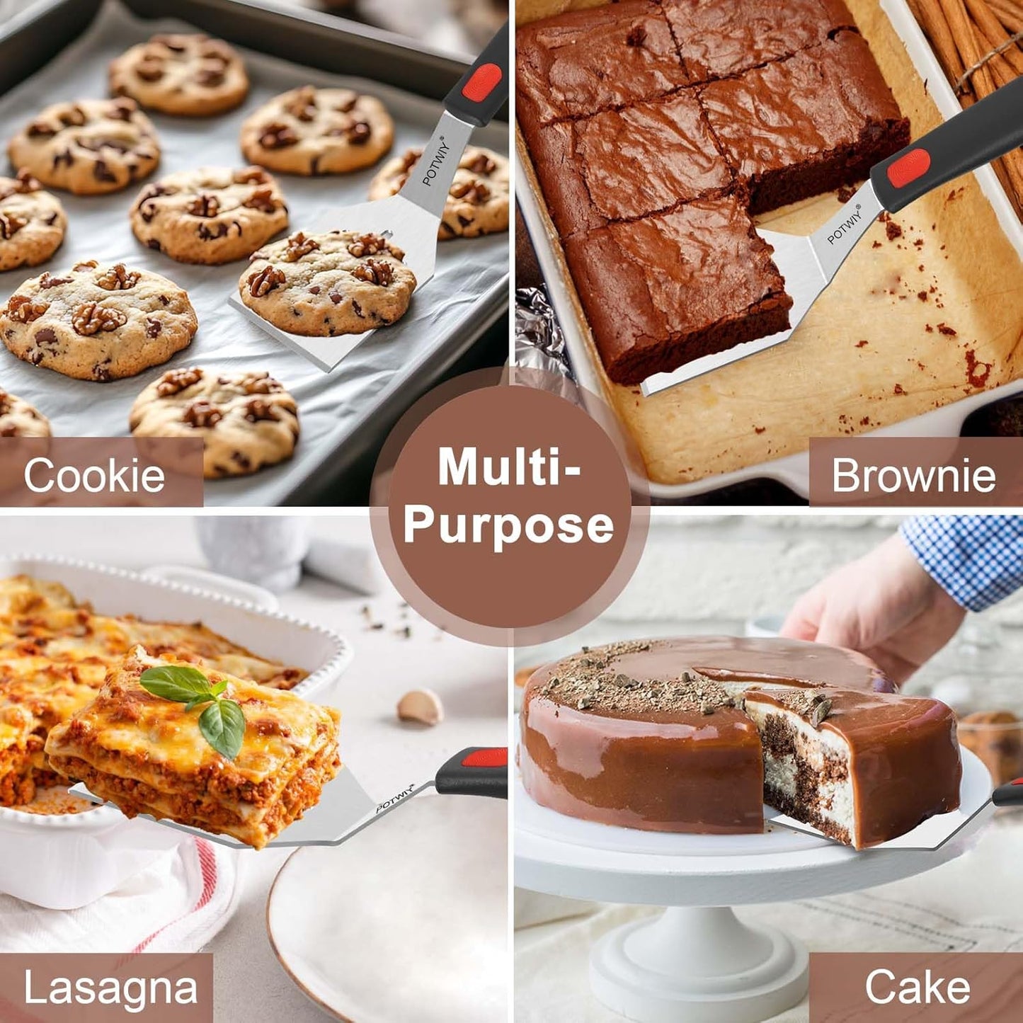 Stainless Steel Spatula Set, 2 Pack Small Metal Spatulas for Kitchen Use, Solid and Slotted Turner with Silicone Handle, Spatula for Cast Iron Skillet Cooking, Cookie and Brownie Serving