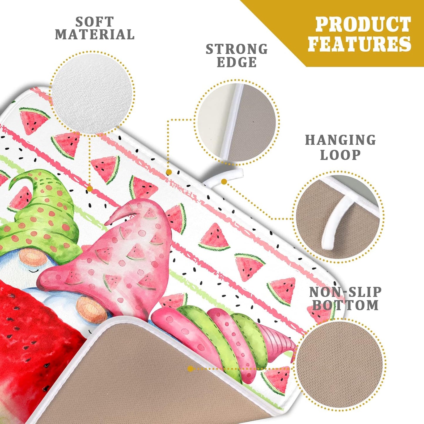 Kawani Gnomes Watermelon Dish Drying Mat for Kitchen Counter, Summer Watercolor Fruit Buffalo Check Quick Dry Absorbent Dishes Draining Mats Reversible Drainer Rack Pad 16 x 18