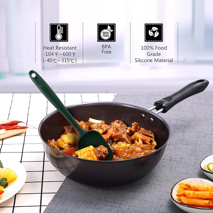 HOTEC 600℉ Heat Resistant BPA-Free Silicone Rubber Spatula Set,Kitchen Cooking Spatulas, Baking, Mixing for Non Stick Cookware, Dishwasher Safe, Dark Green Set of 5