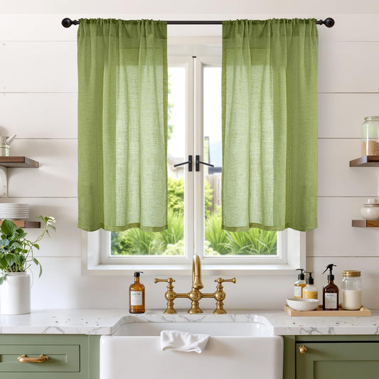 BGment 45 Inch Length Green Linen Curtains for Kitchen Window - Short Drapes Semi Sheer Textured Light Filtering with Rod Pocket for Cafe Front Door Window, 2 Panels Set, 30 X 45 Inch