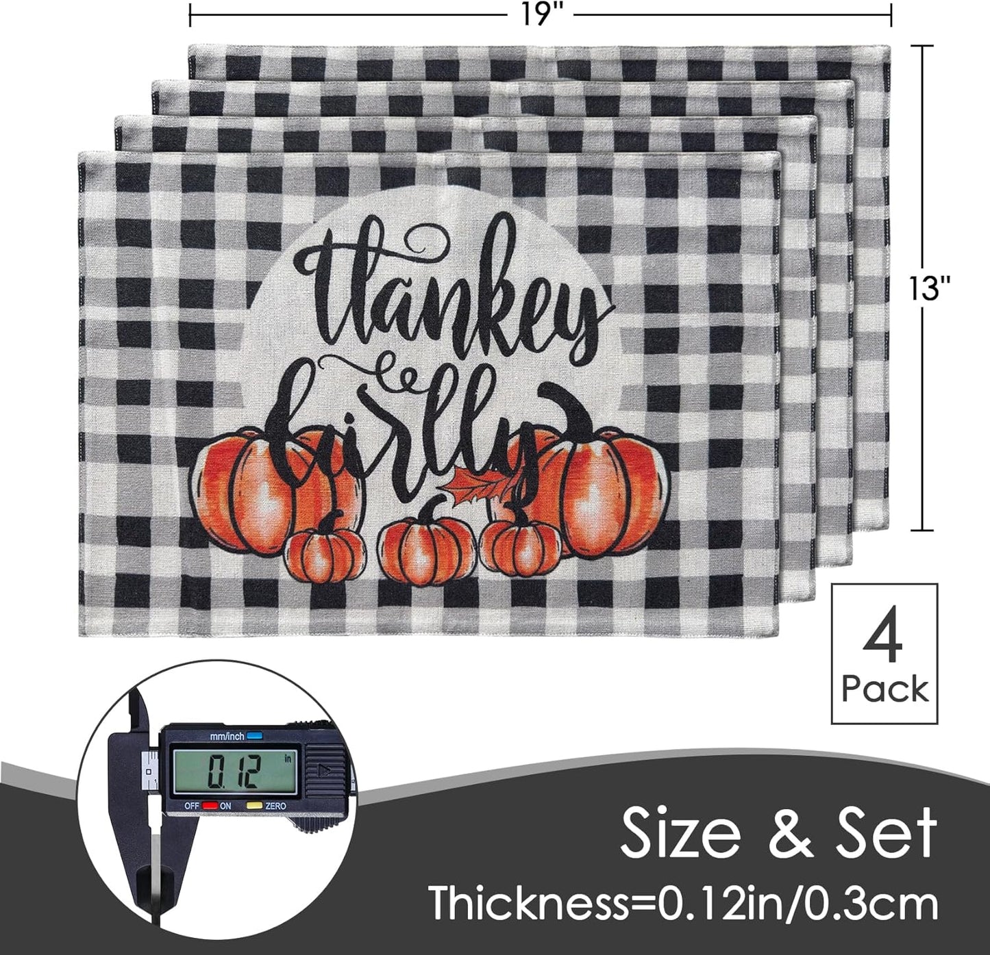 MANSPHIL Fall Gingham Placemats Set of 4 Thanksgiving Fabric Place Mats Autumn Harvest Table Decor - Farmhouse Table Mats for Dining Kitchen Washable Wrinkle Free 13x19 Inch Oeko Tex Placemat