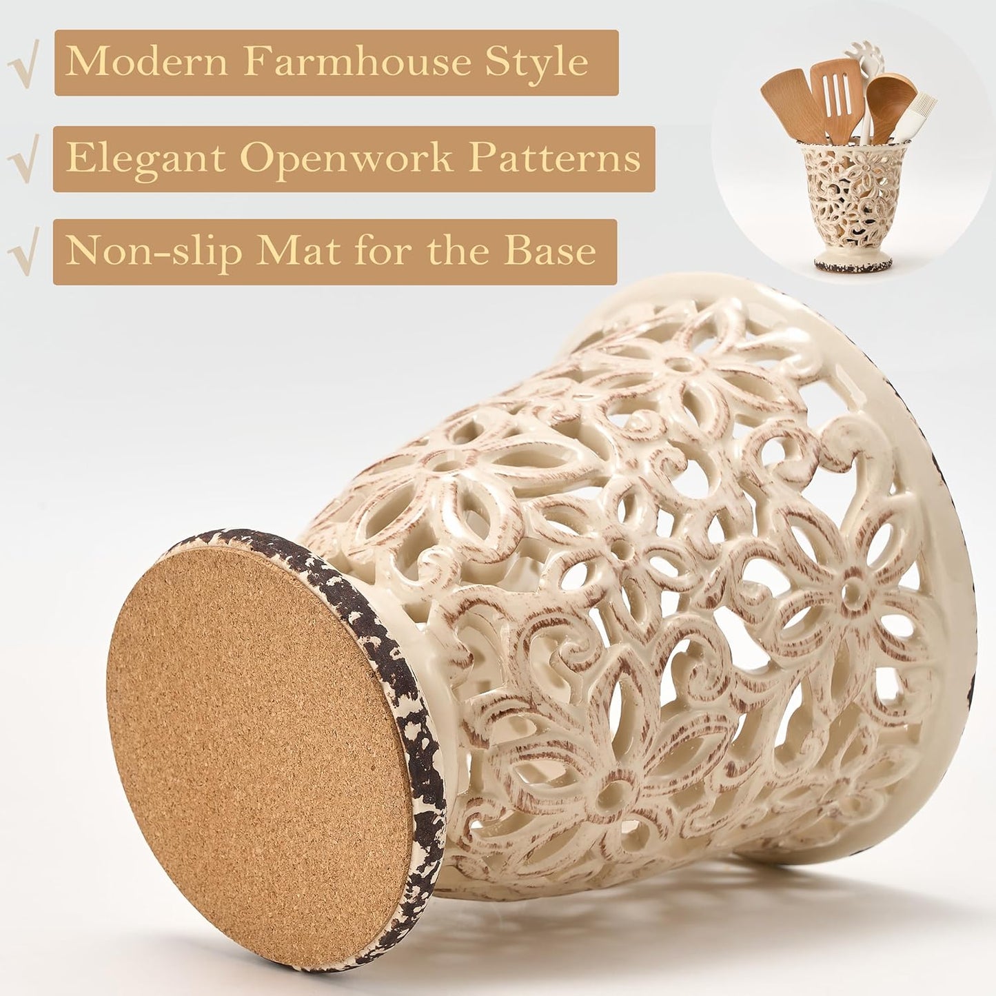 Utensil Holder for Kitchen Counter, Modern Farmhouse Cooking Utensil Holder and Crock Home Kitchen Decor, Ceramic Utensil Organizer for Spatula, Ladle, Eggbeater, Rolling Pin- Beige Antique Design