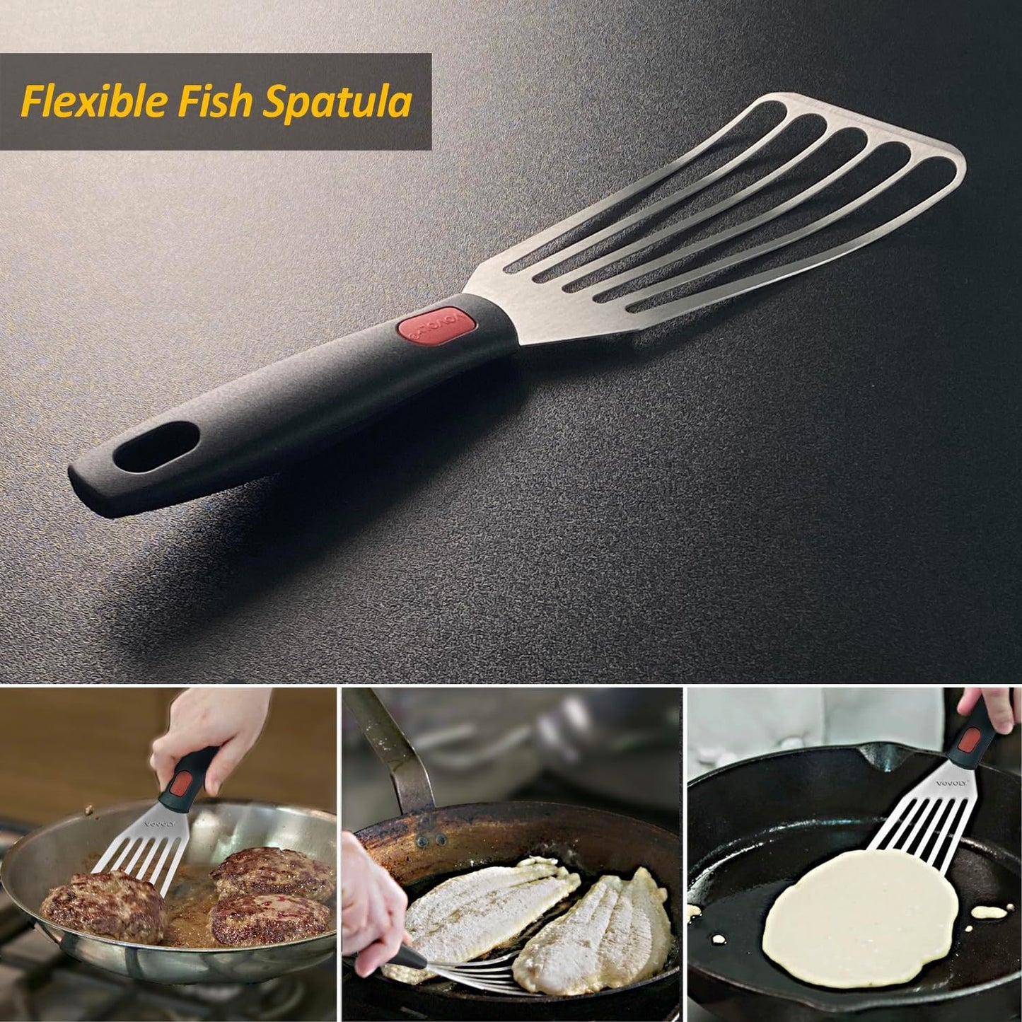 Stainless Steel Spatula Set with Heat Resistant Silicone Handle, VOVOLY Metal Spatulas For Kitchen Use, Thickened Smash Burger Spatula, Mini Brownie Spatula, Fish Flipper, Grill Scraper